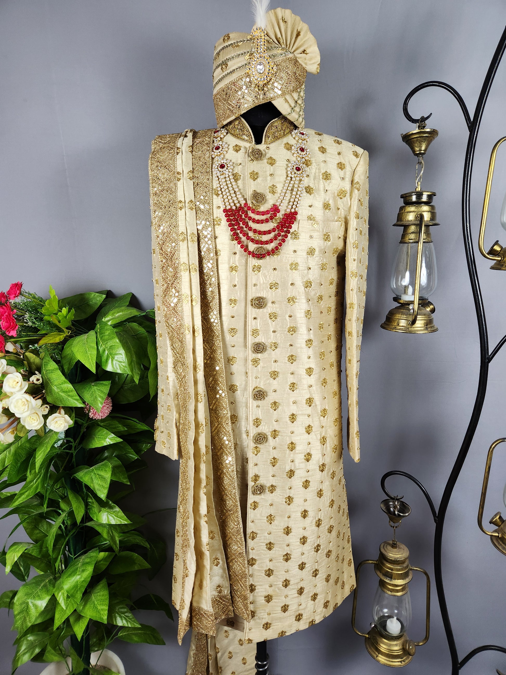 Golden Wedding Groom Sherwani with Gold Motif and Zarkan