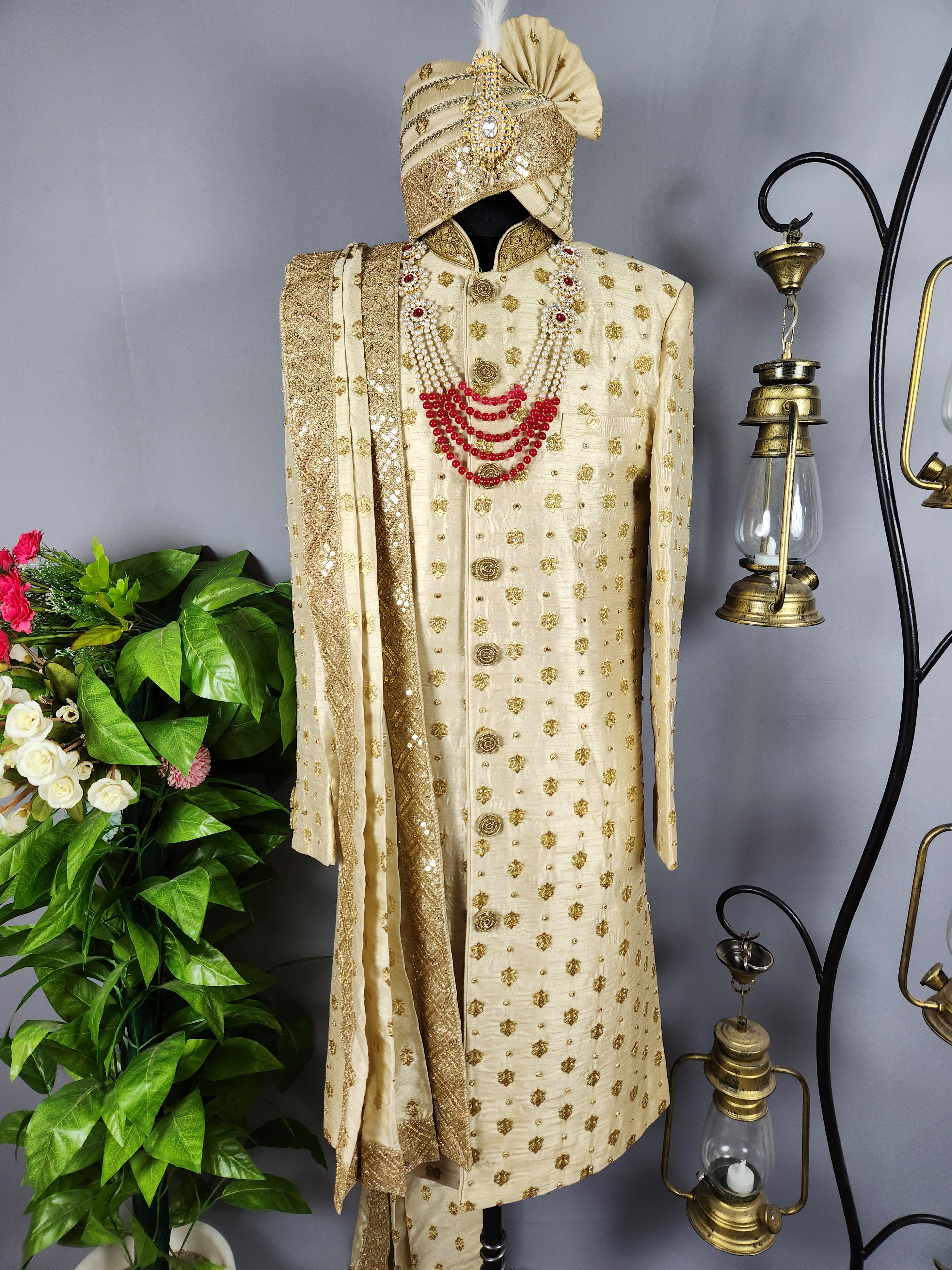 Golden Wedding Groom Sherwani with Gold Motif and Zarkan