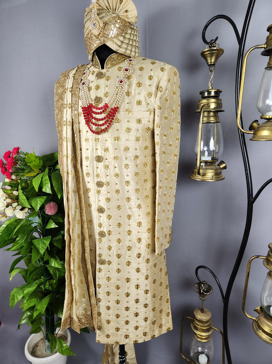 Golden Wedding Groom Sherwani with Gold Motif and Zarkan