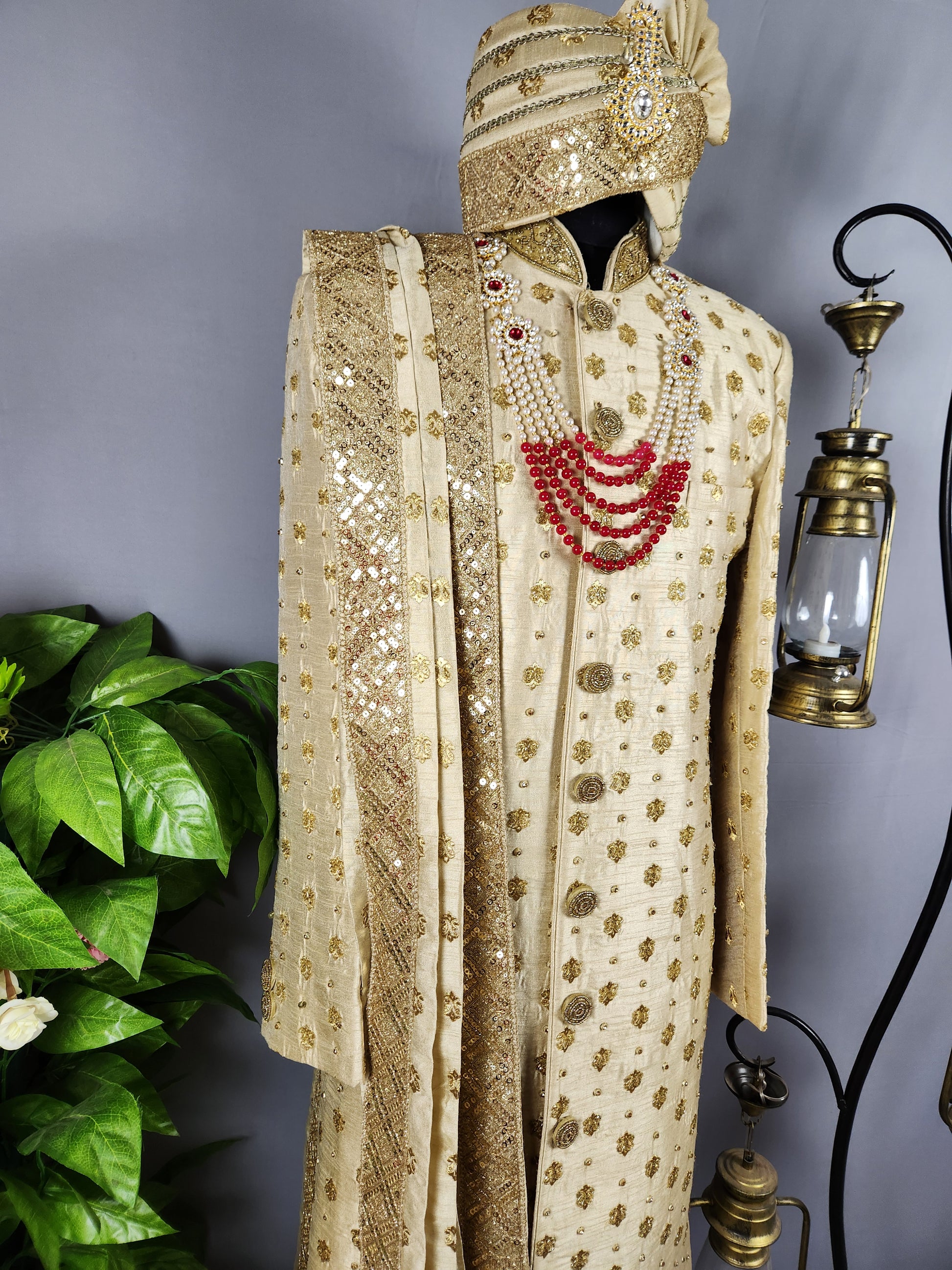 Golden Wedding Groom Sherwani with Gold Motif and Zarkan