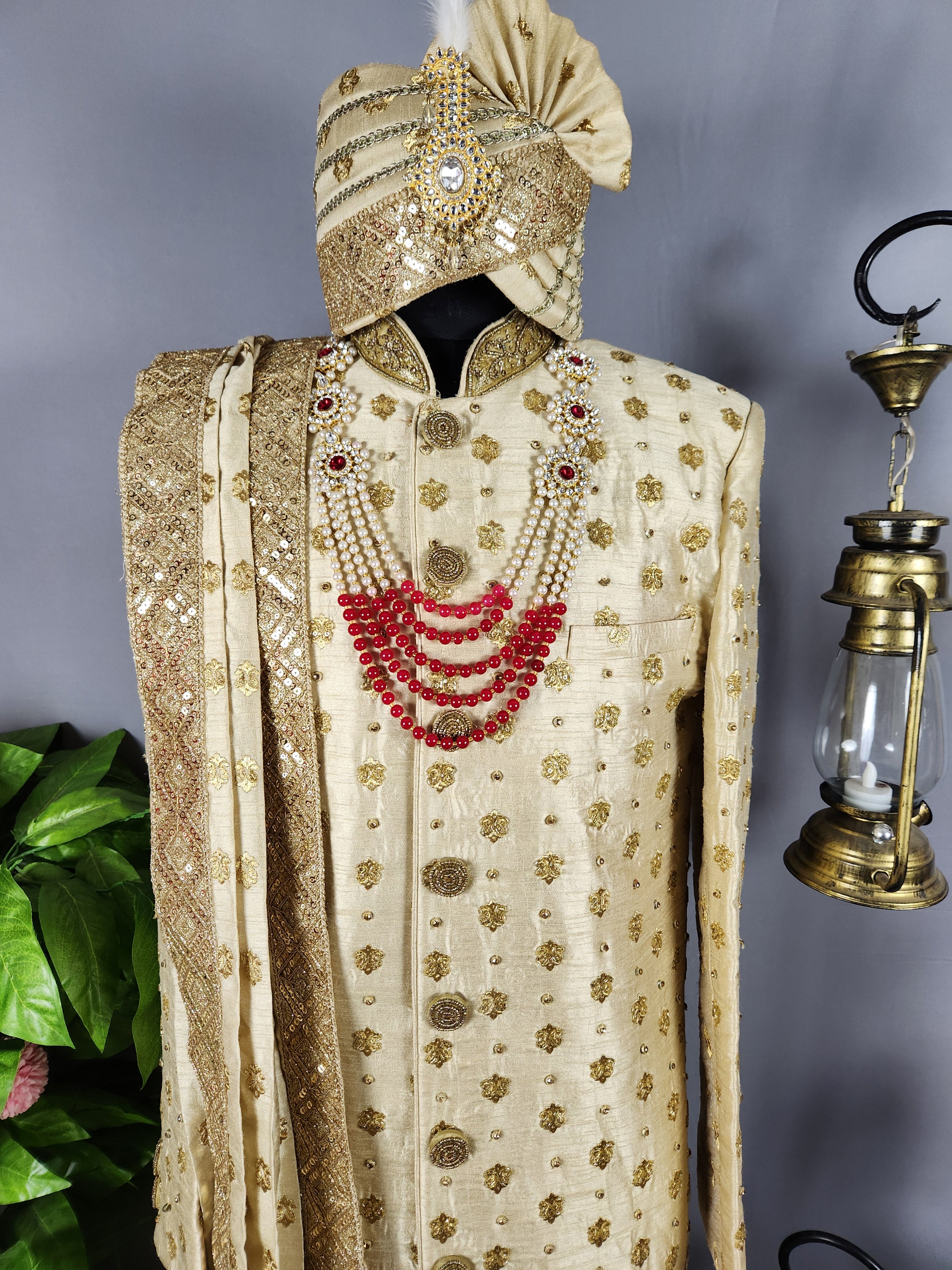Golden Wedding Groom Sherwani with Gold Motif and Zarkan