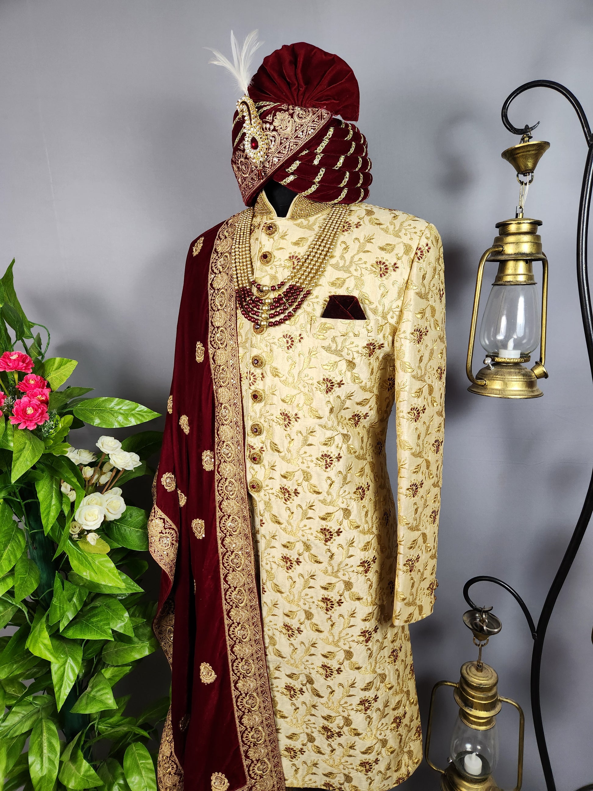 Beige Sherwani for Groom  -   Indian Wedding Outfit for Men