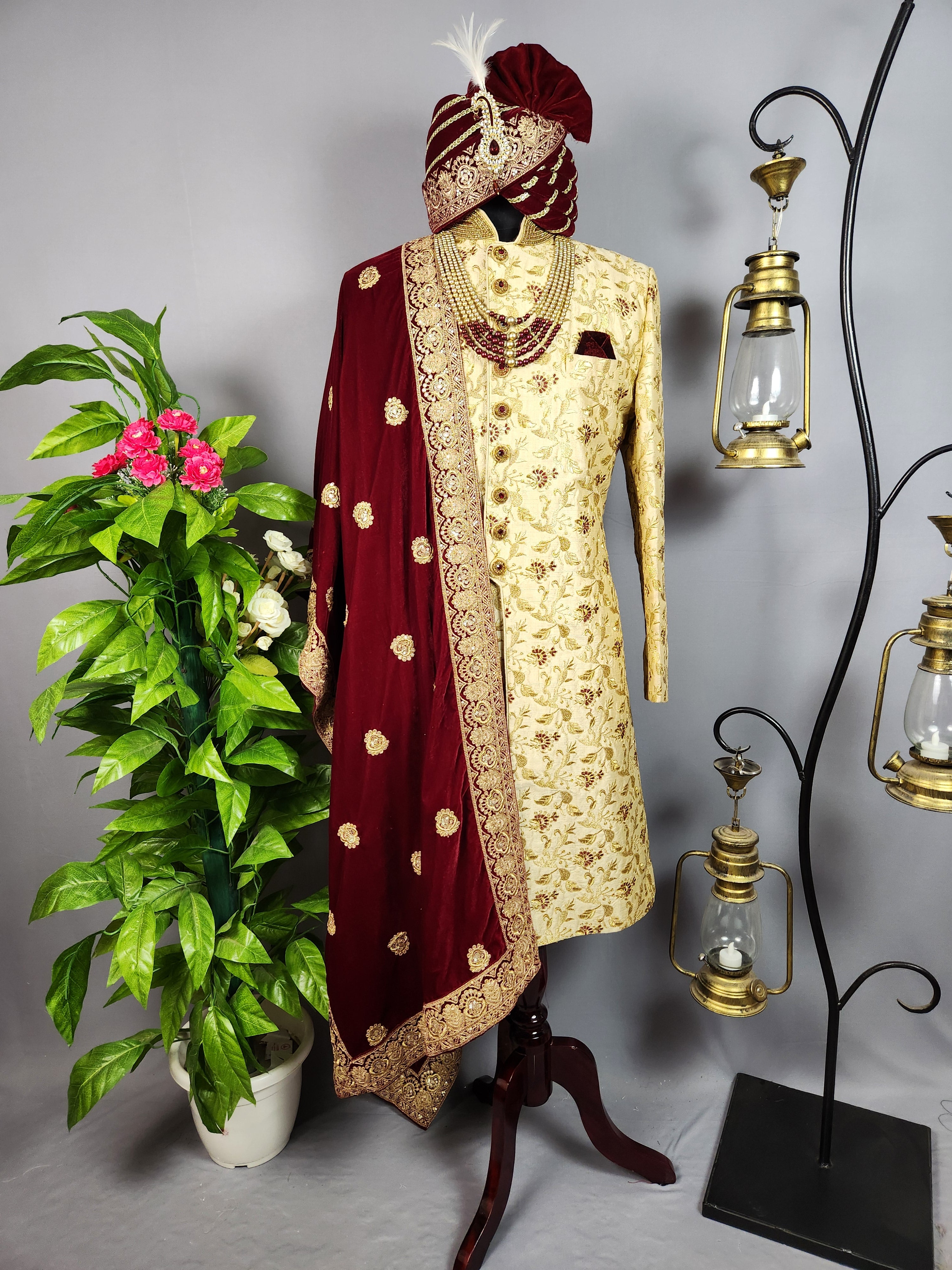 Beige Sherwani for Groom  -   Indian Wedding Outfit for Men