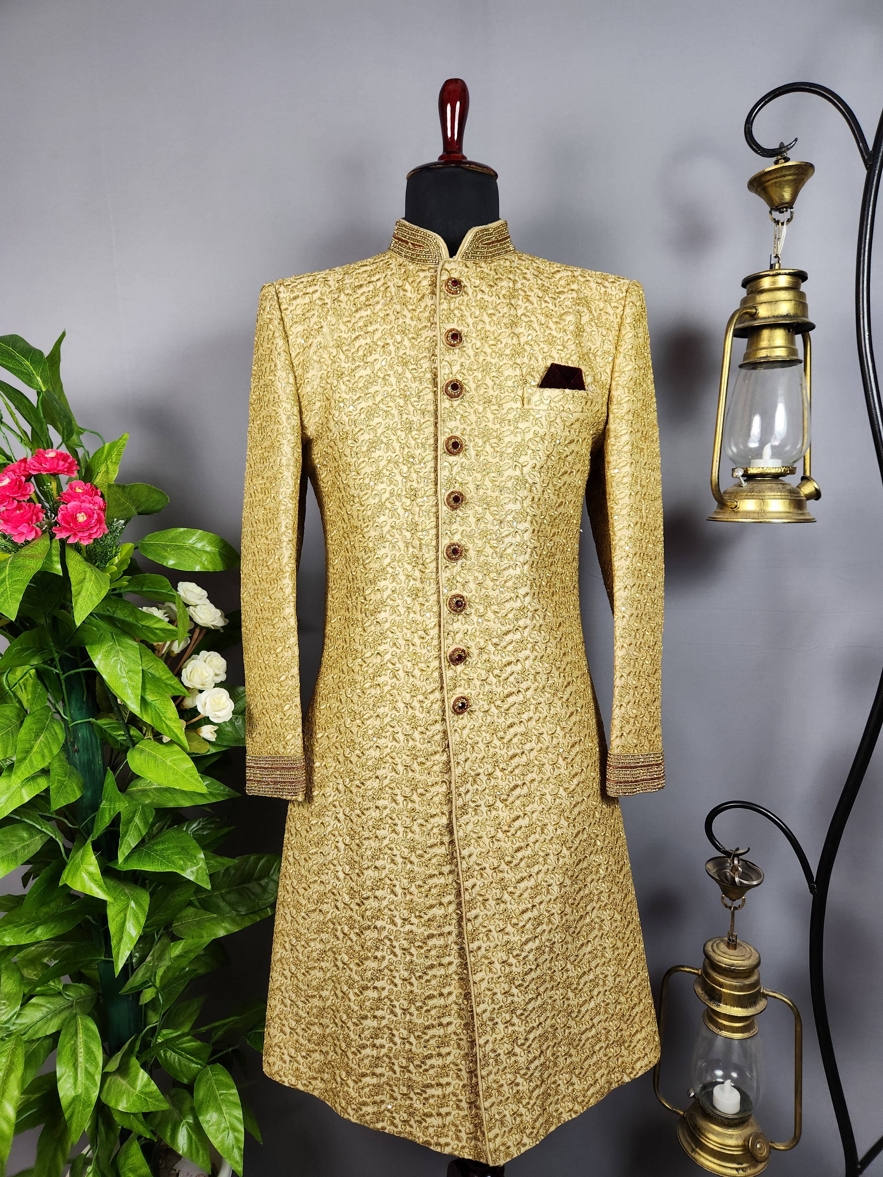 Golden Sherwani for Groom  -   Indian Wedding Outfit for Men