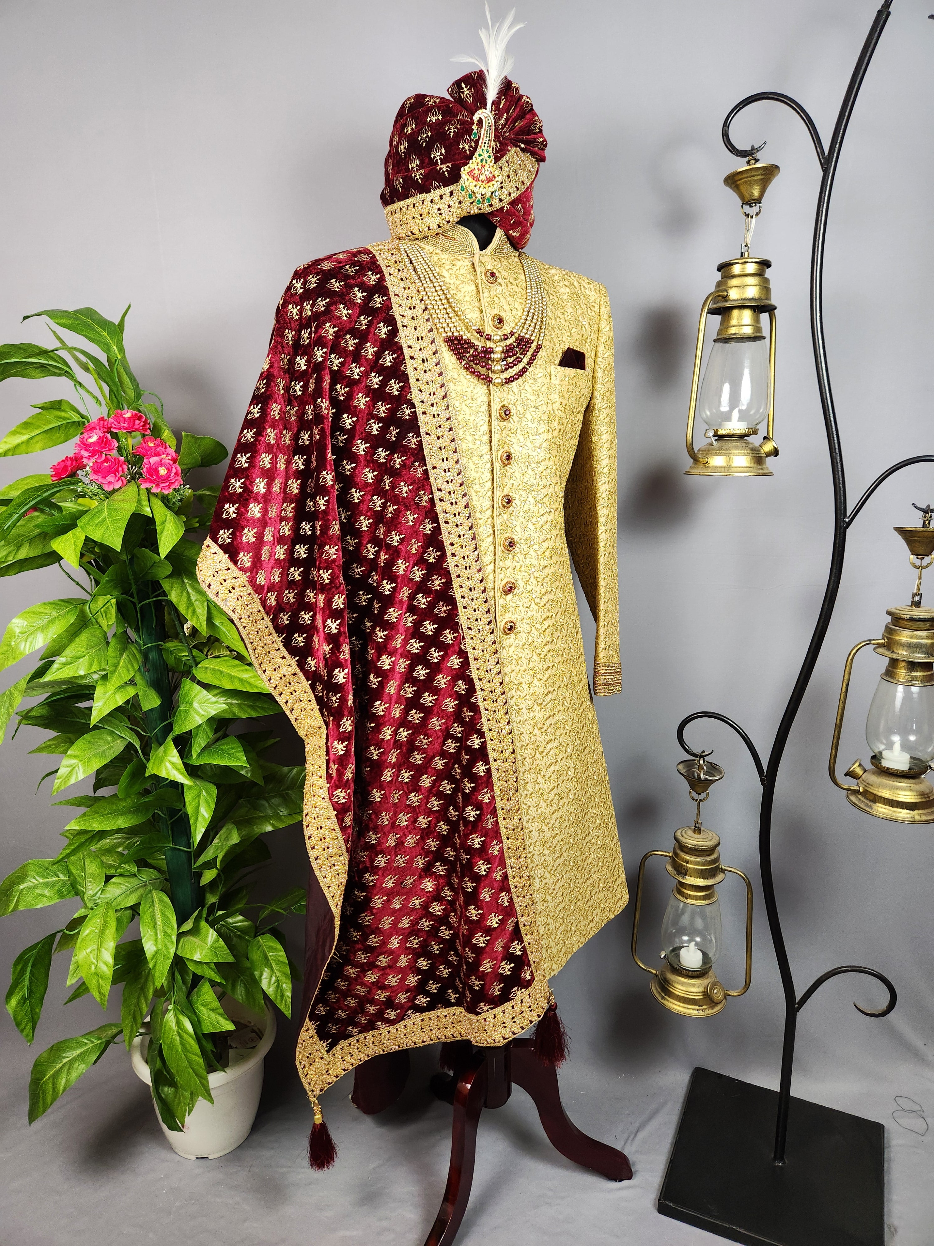 Golden Sherwani for Groom  -   Indian Wedding Outfit for Men