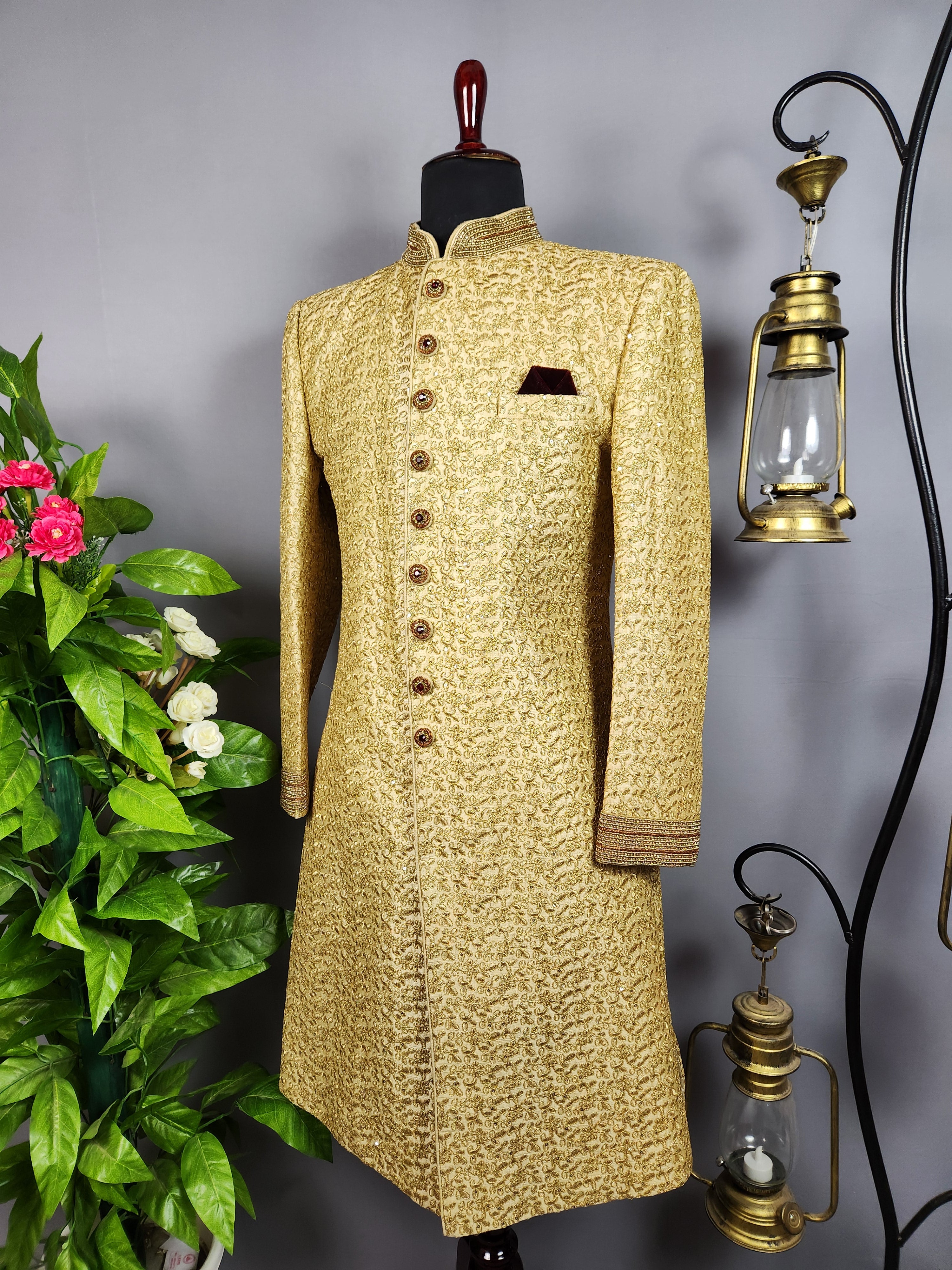 Golden Sherwani for Groom  -   Indian Wedding Outfit for Men