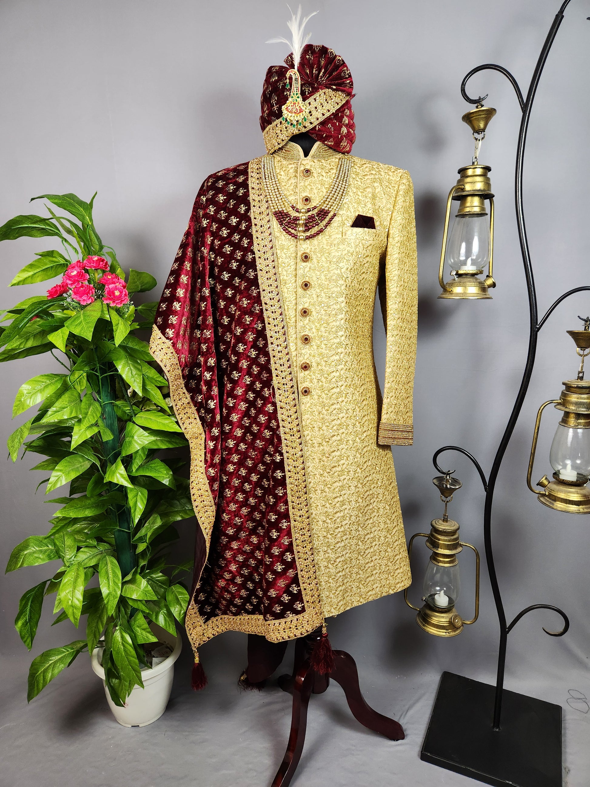 Golden Sherwani for Groom  -   Indian Wedding Outfit for Men
