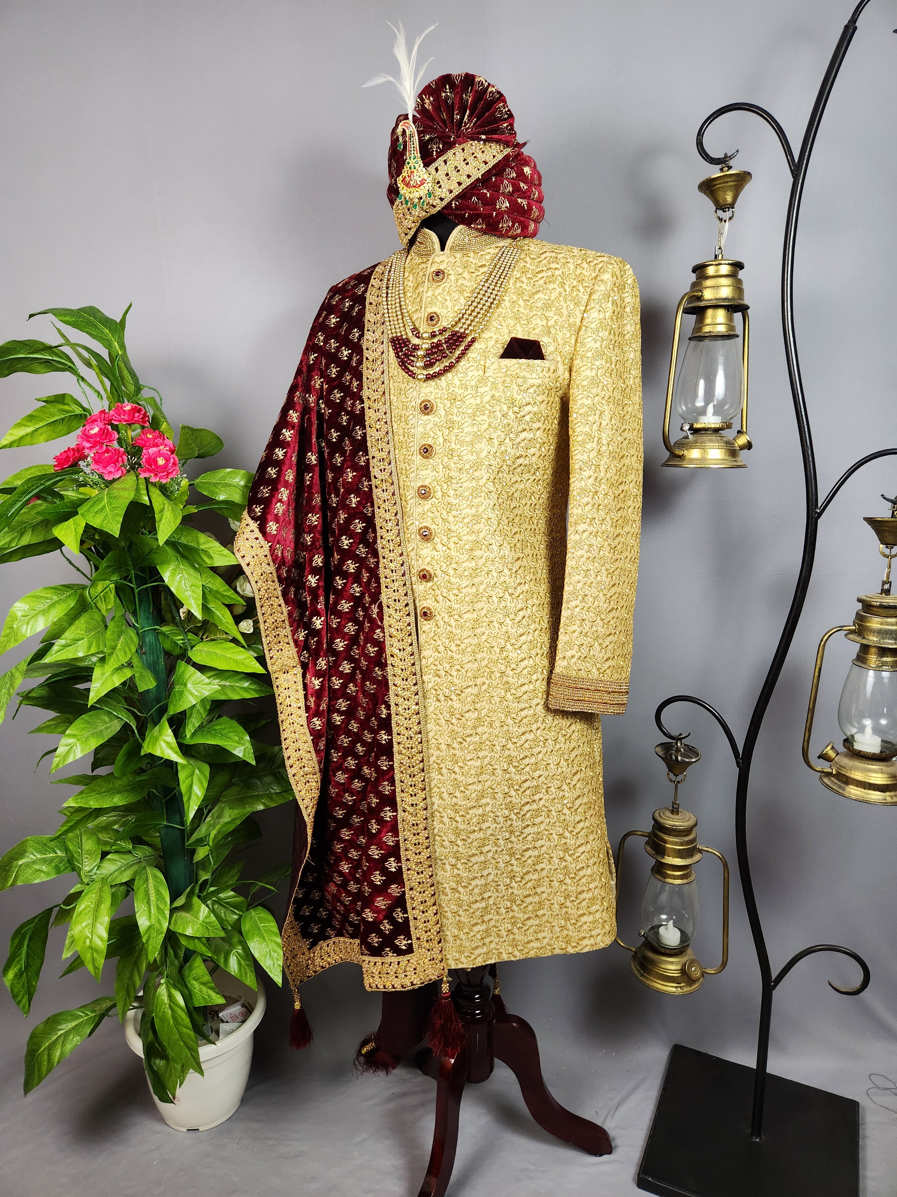 Golden Sherwani for Groom  -   Indian Wedding Outfit for Men