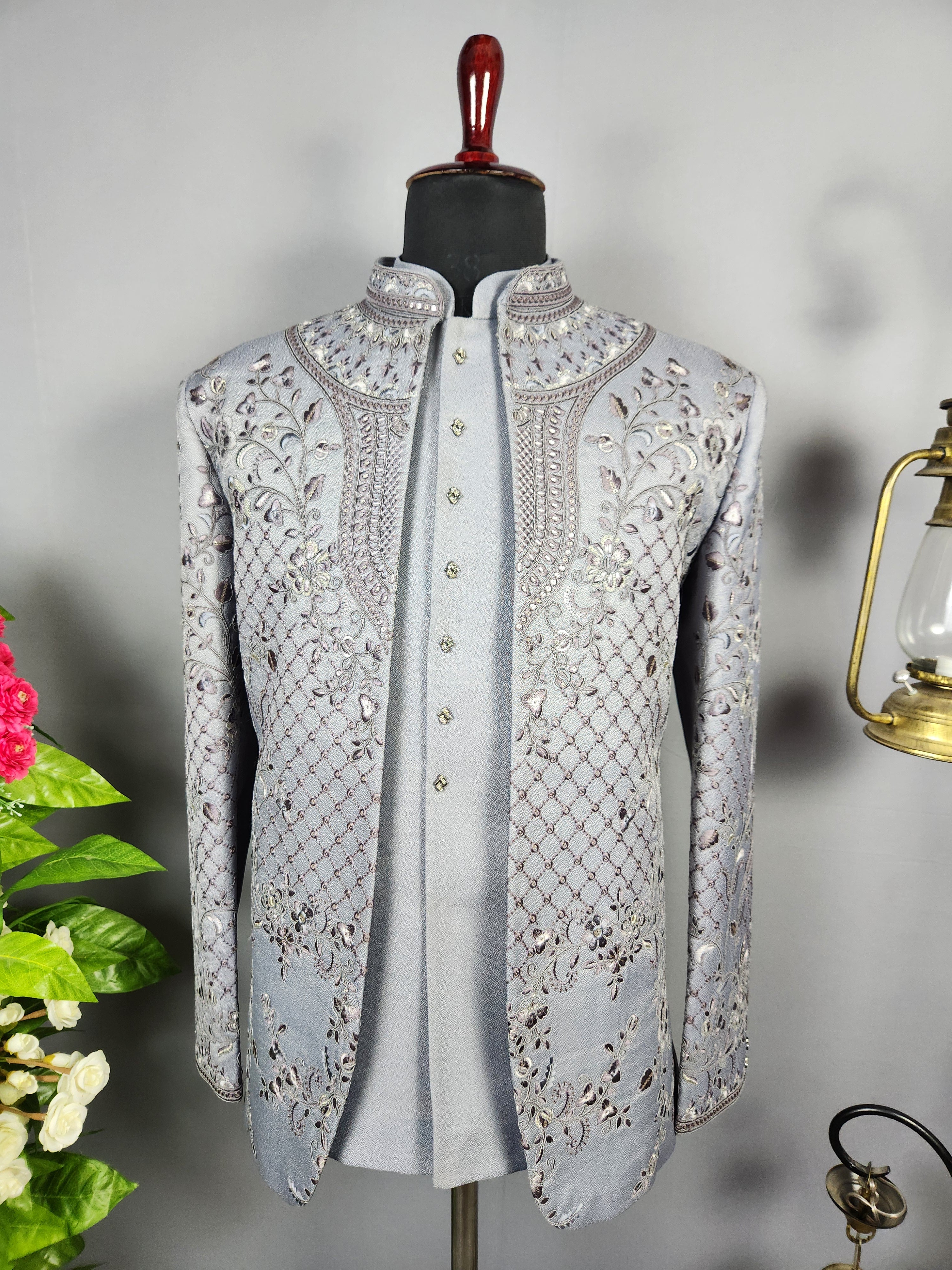 Gray Jodhpuri Suit for Men  -   Indian Wedding Outfit for Men