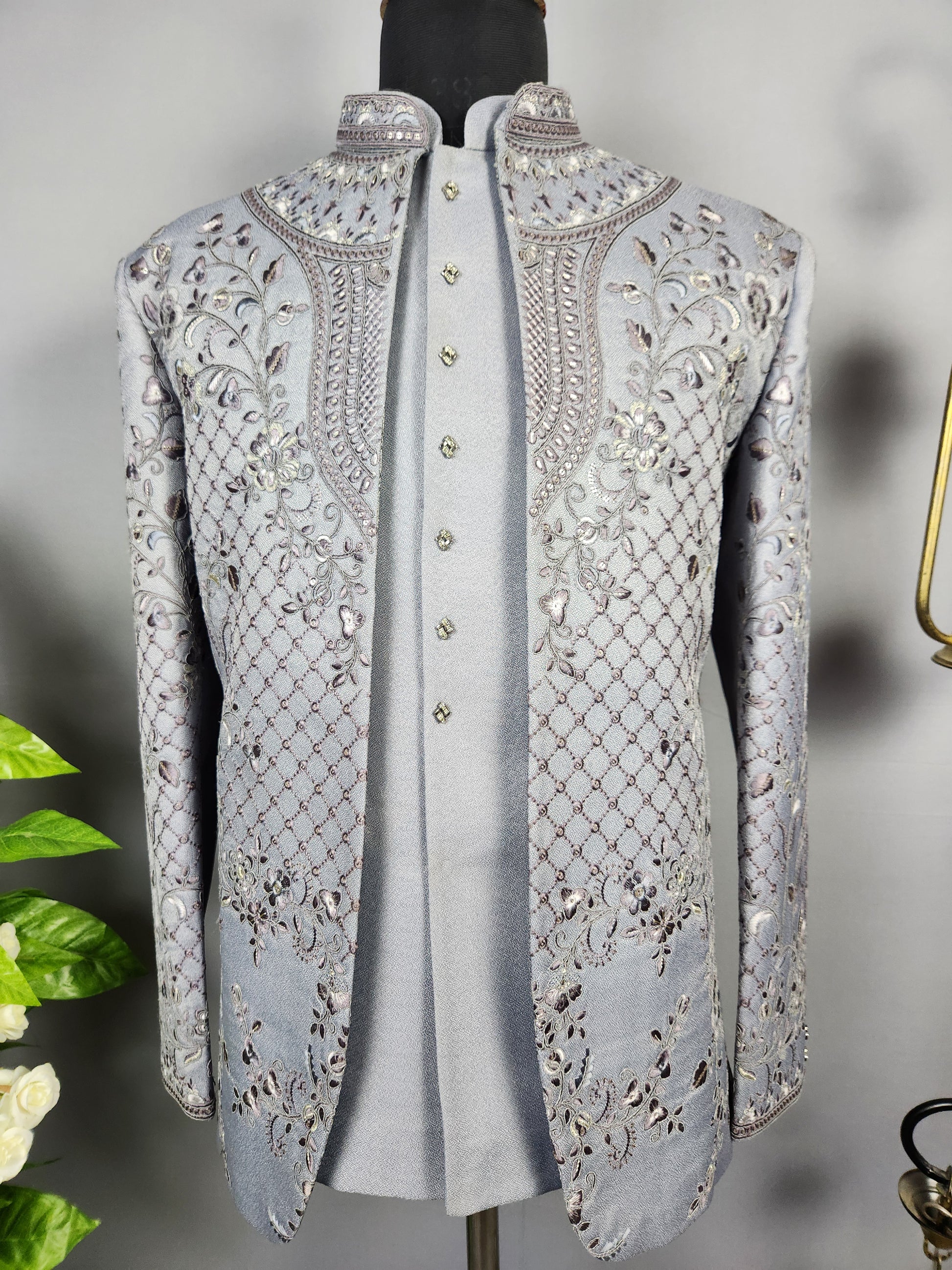 Gray Jodhpuri Suit for Men  -   Indian Wedding Outfit for Men