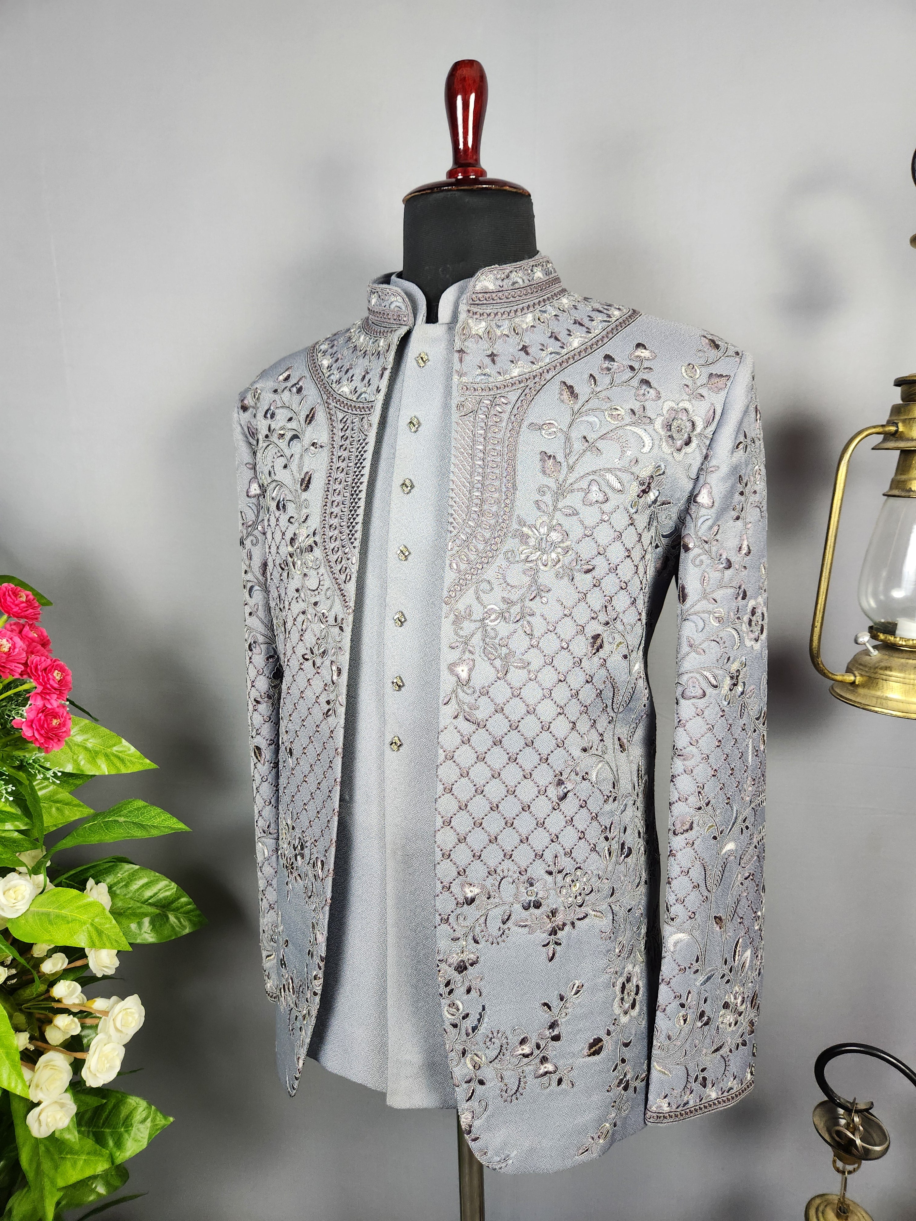 Gray Jodhpuri Suit for Men  -   Indian Wedding Outfit for Men