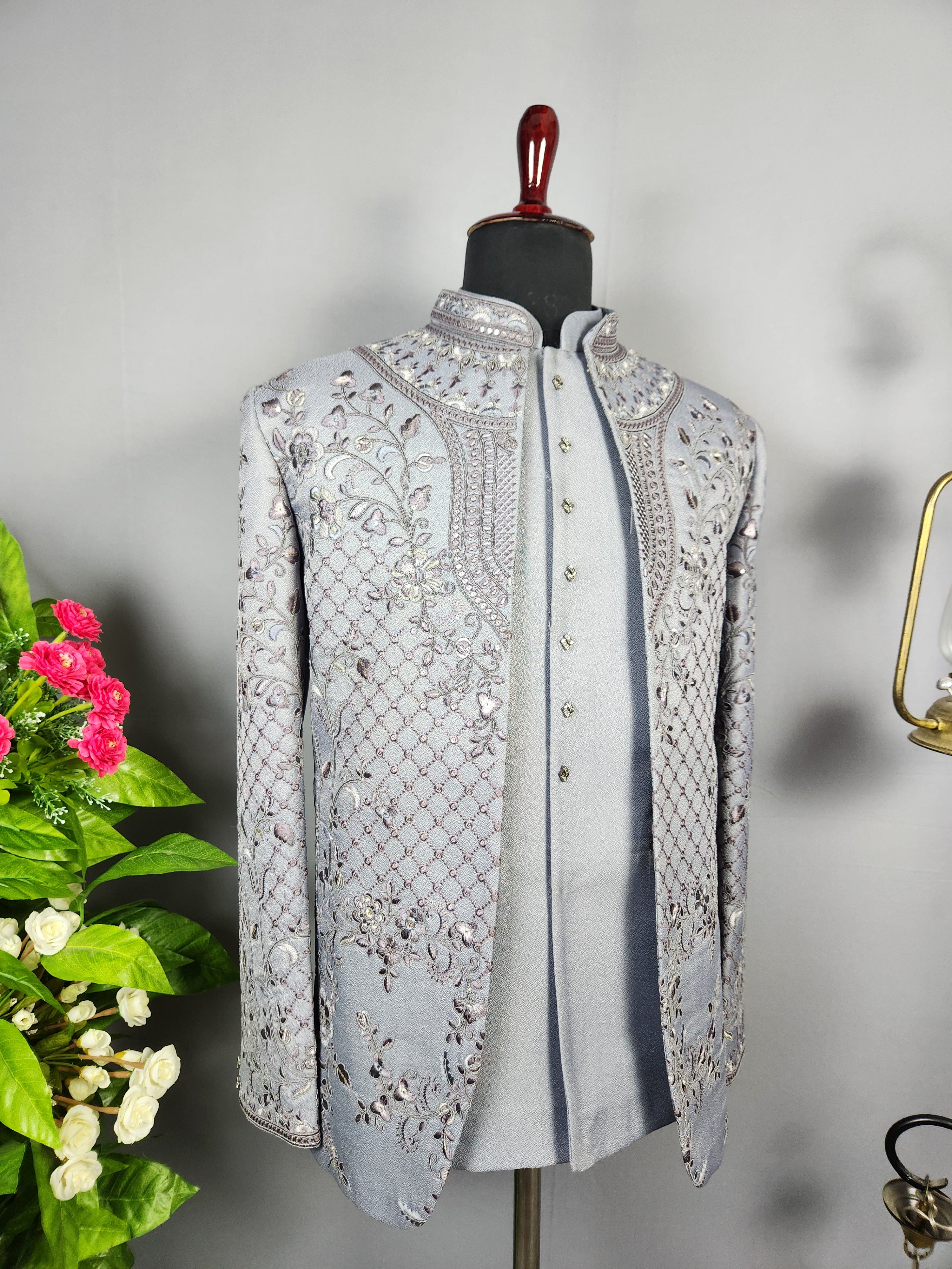 Gray Jodhpuri Suit for Men  -   Indian Wedding Outfit for Men