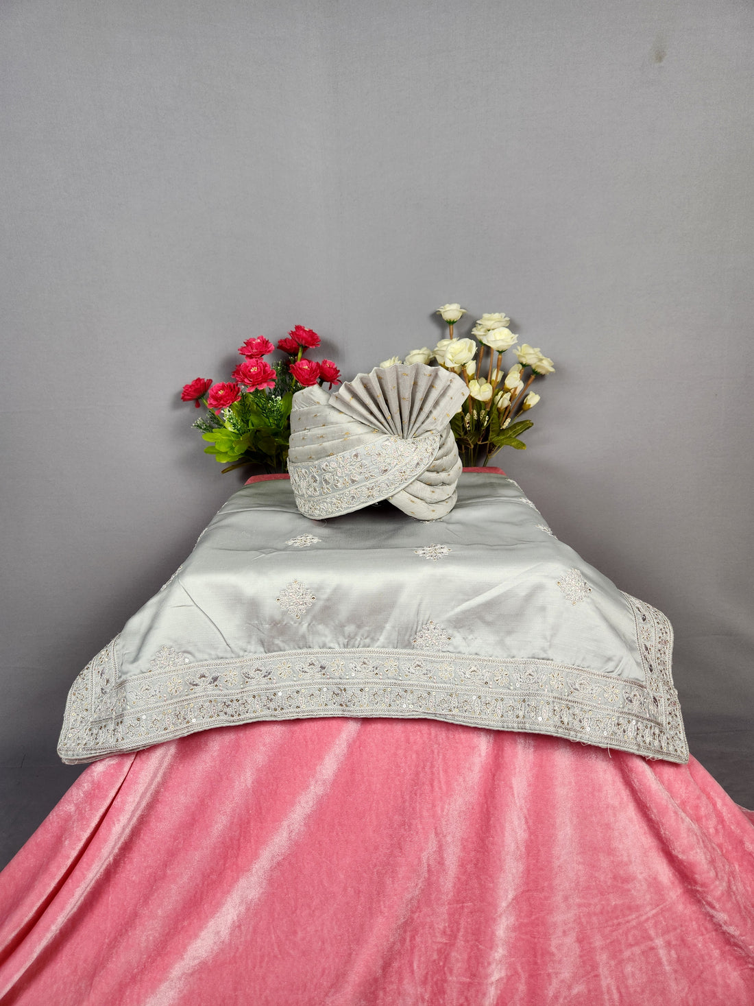 Gray Groom Turban Shawl Set