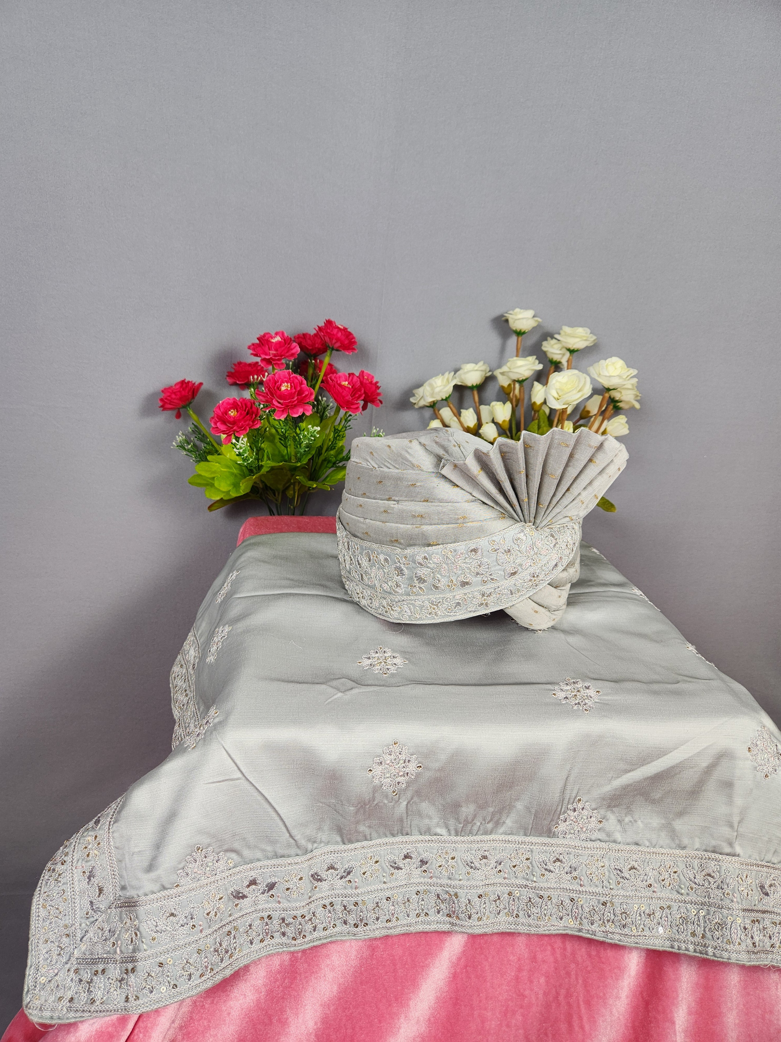 Gray Groom Turban Shawl Set