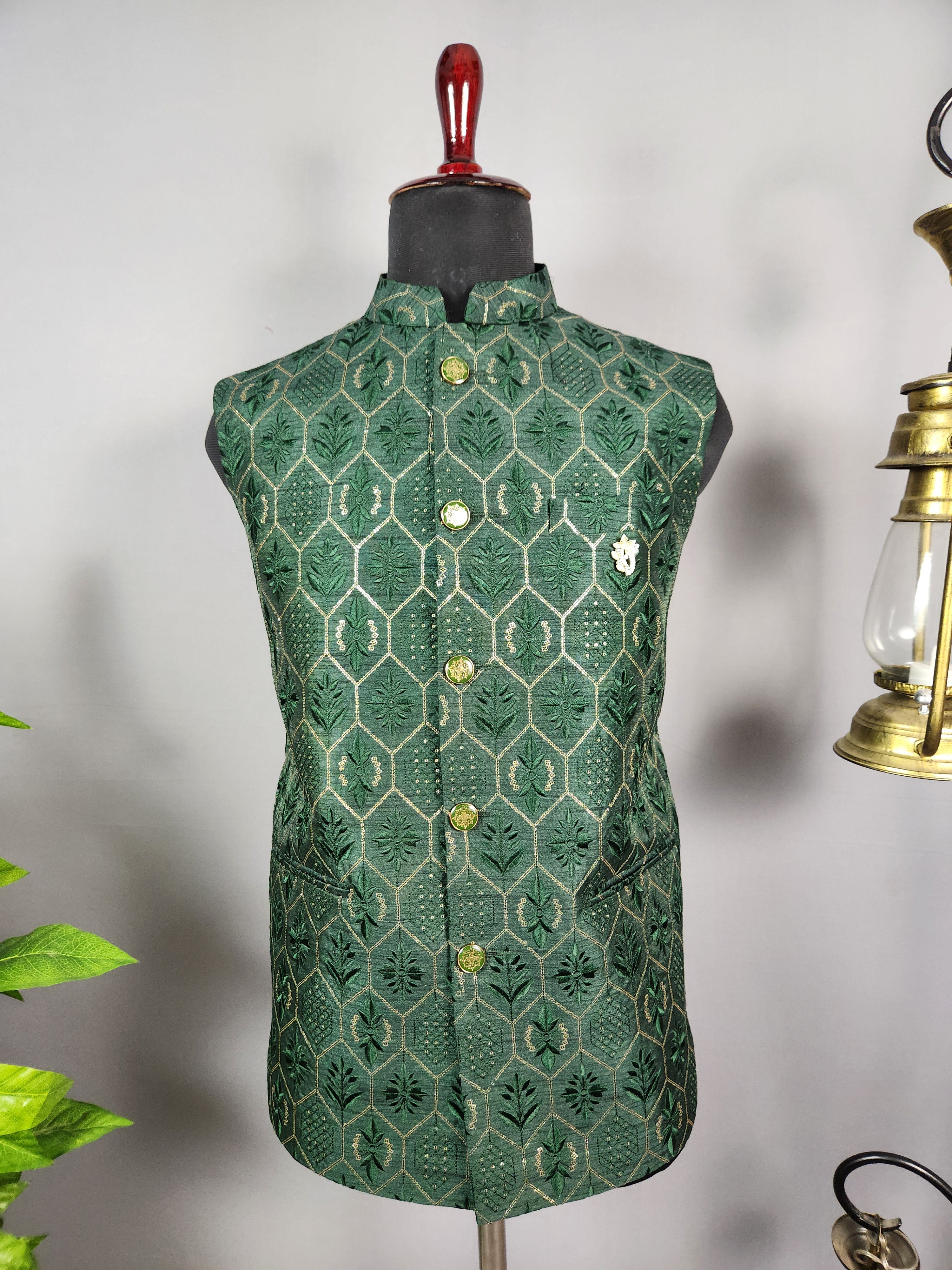Green Nehru Jacket for Men | Indian Ethnic Waistcoat for Weddings & Celebrations