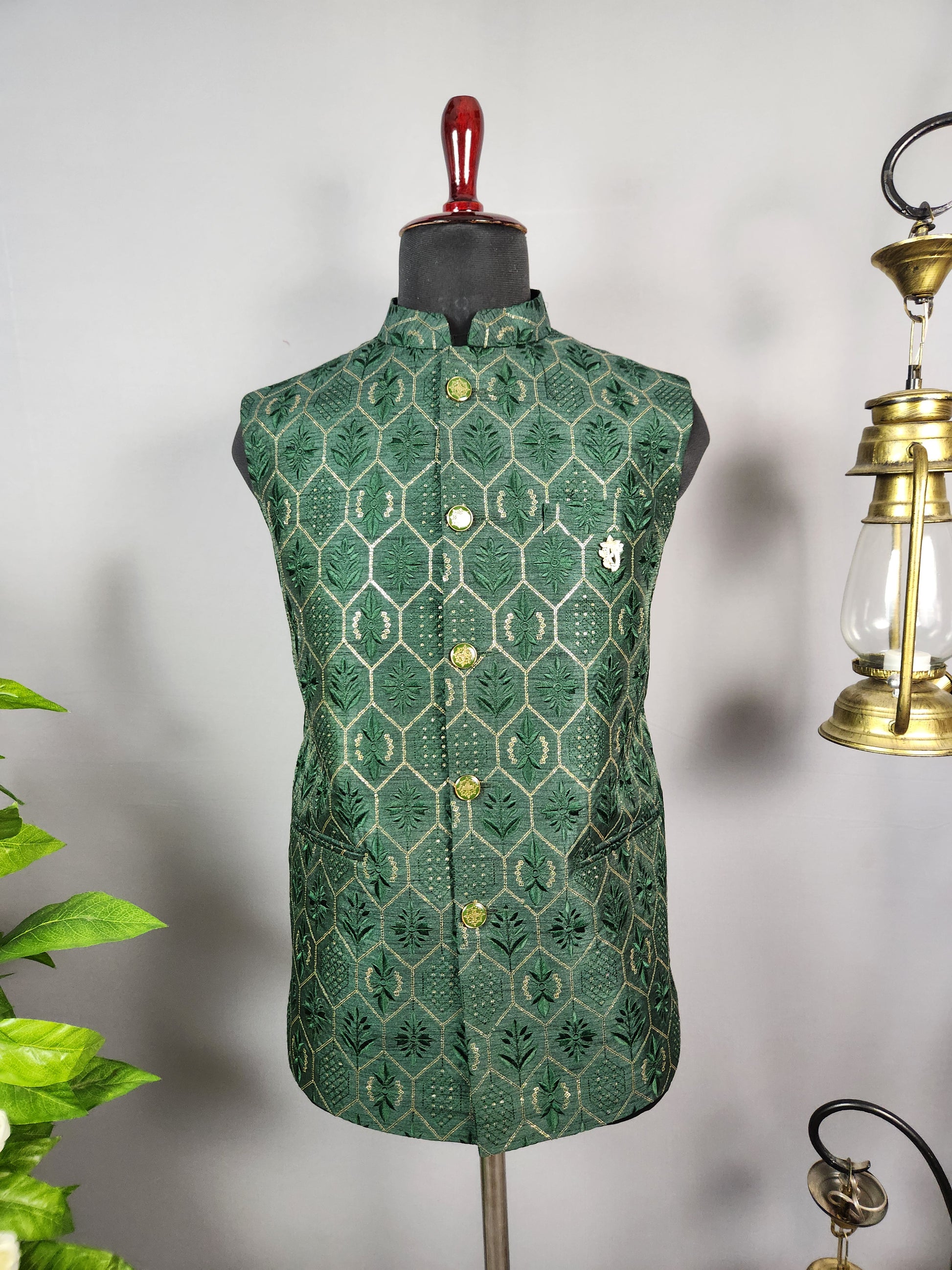Green Nehru Jacket for Men | Indian Ethnic Waistcoat for Weddings & Celebrations