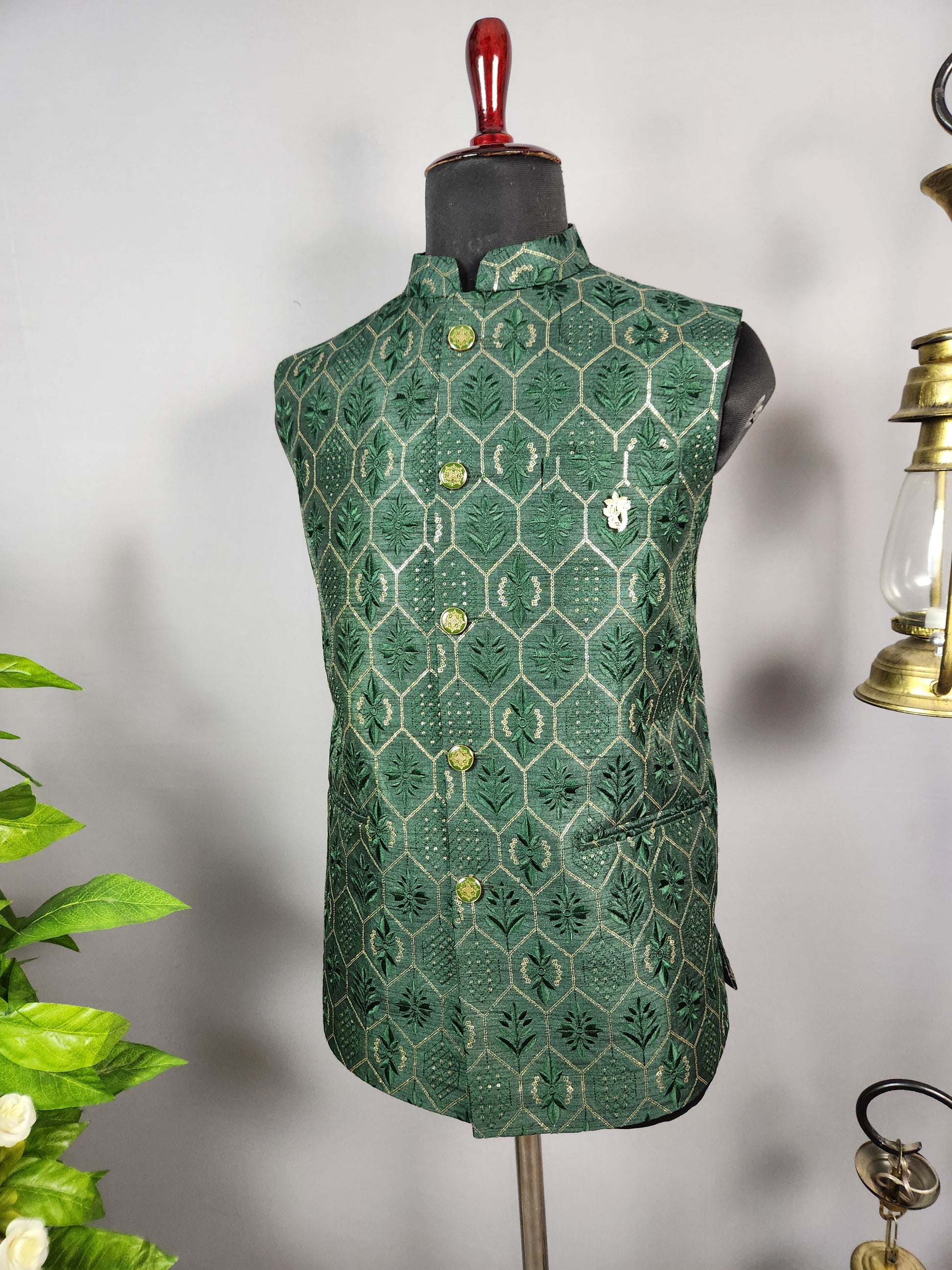 Green Nehru Jacket for Men | Indian Ethnic Waistcoat for Weddings & Celebrations