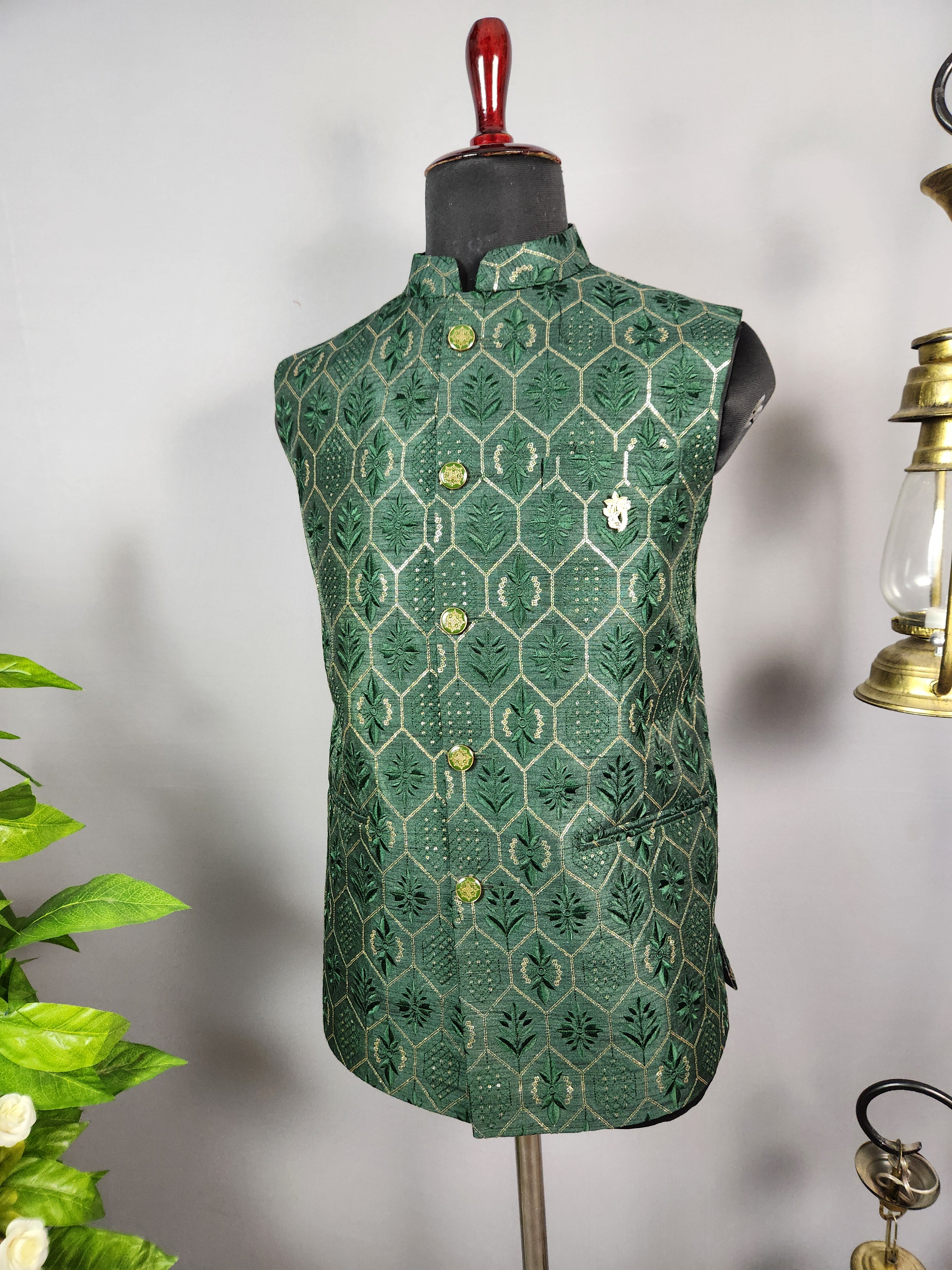 Green Nehru Jacket for Men | Indian Ethnic Waistcoat for Weddings & Celebrations