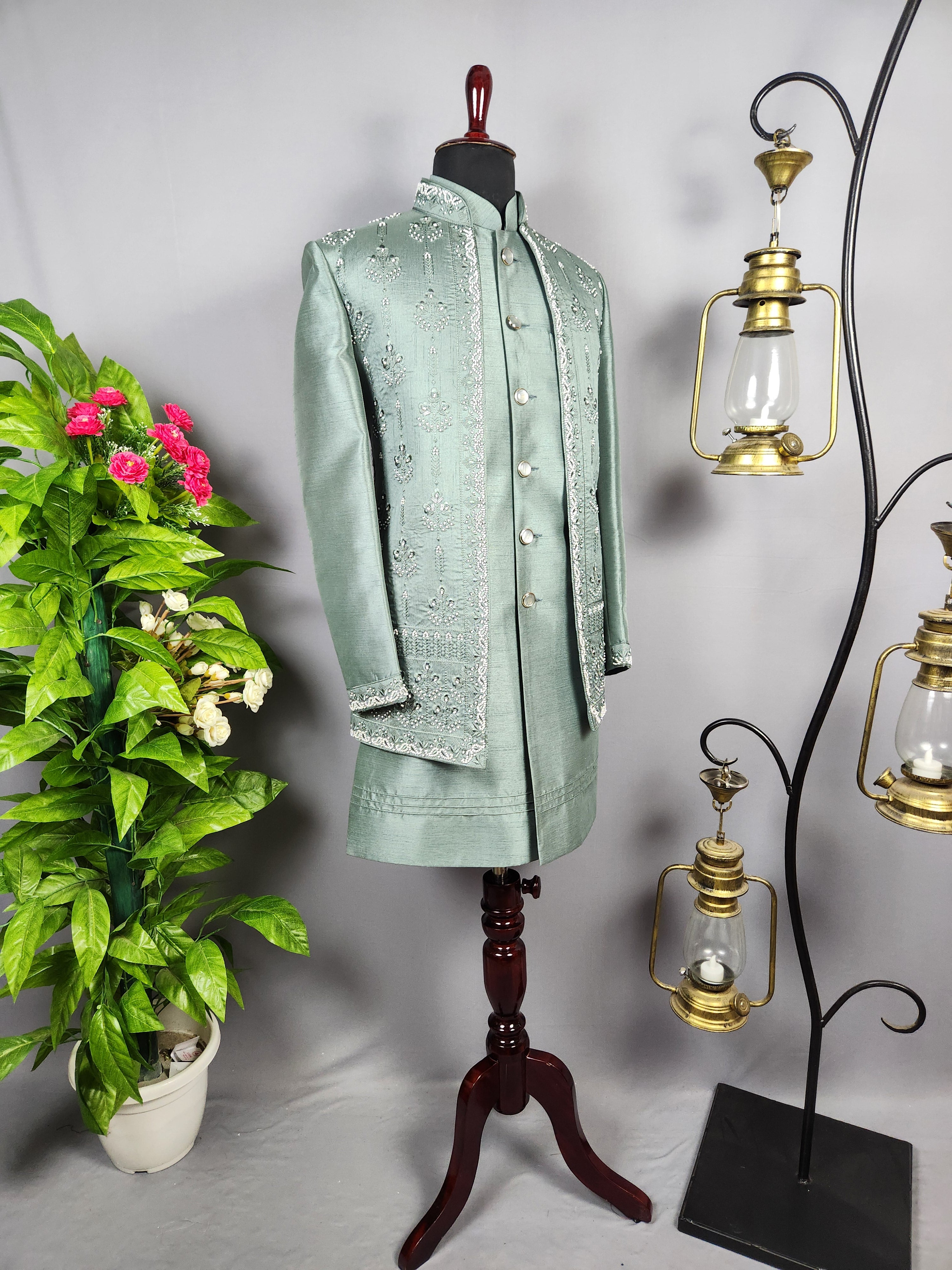 Green Indo-Western Sherwani for Men | Indian Groom Wedding Outfit