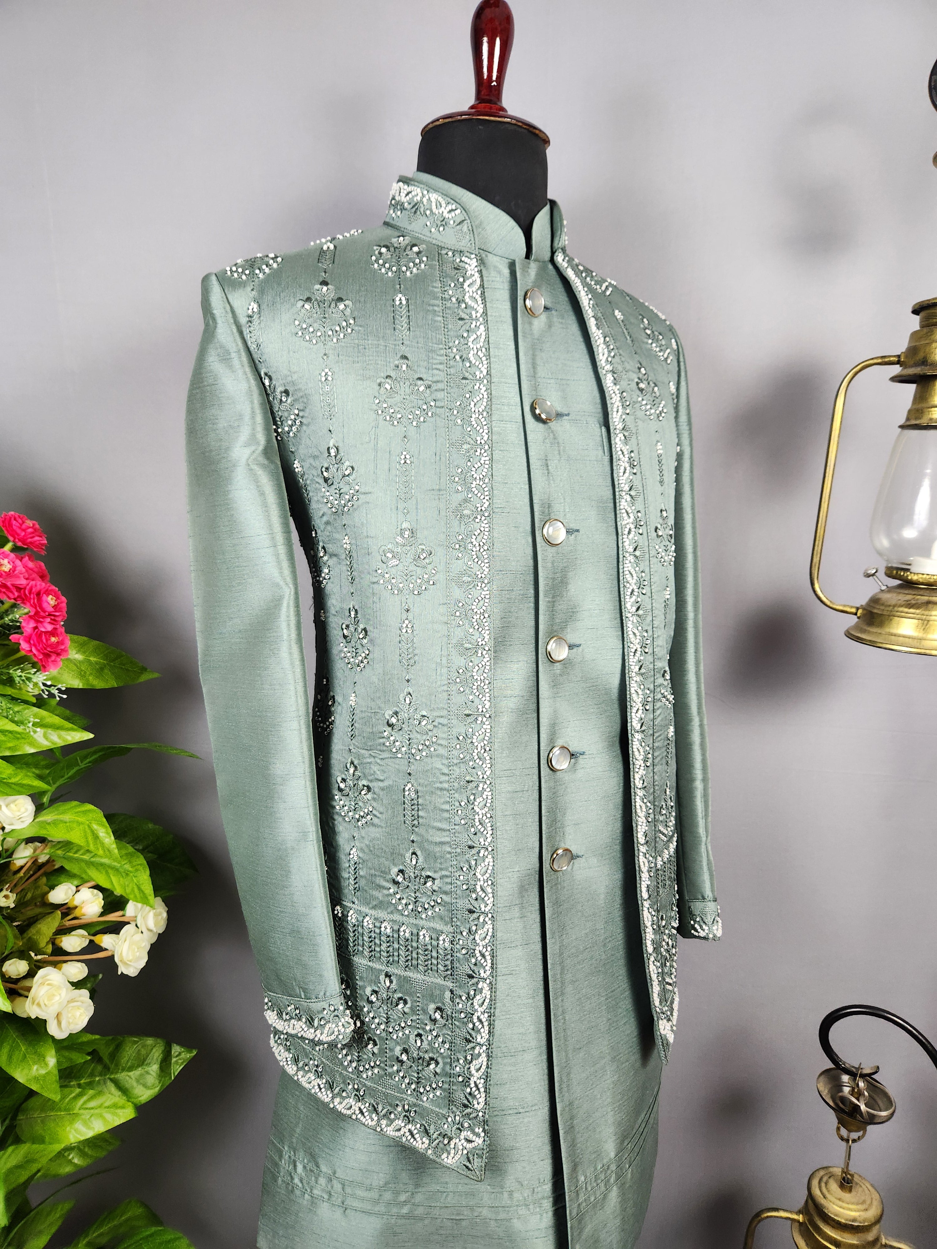 Green Indo-Western Sherwani for Men | Indian Groom Wedding Outfit