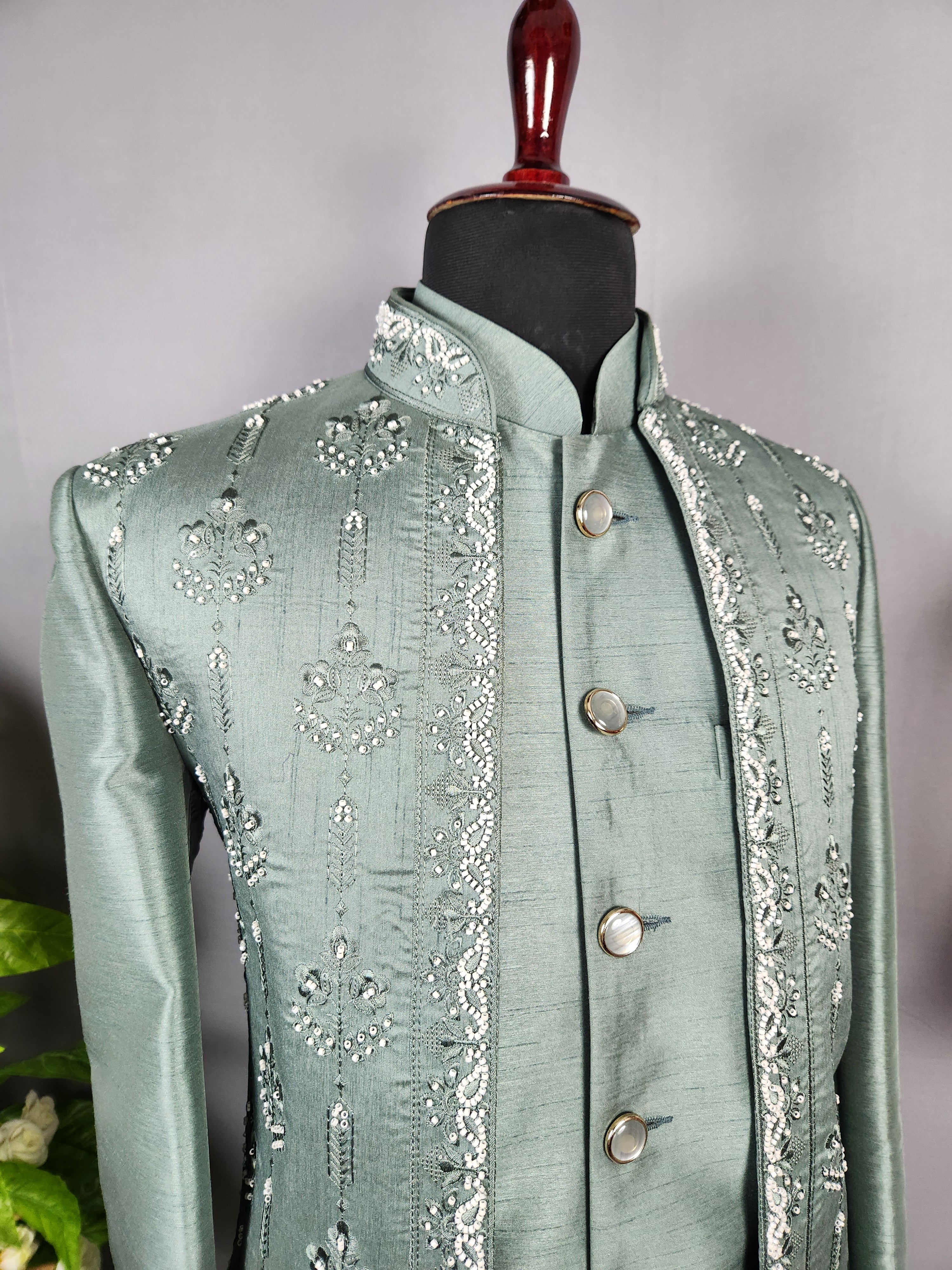 Green Indo-Western Sherwani for Men | Indian Groom Wedding Outfit