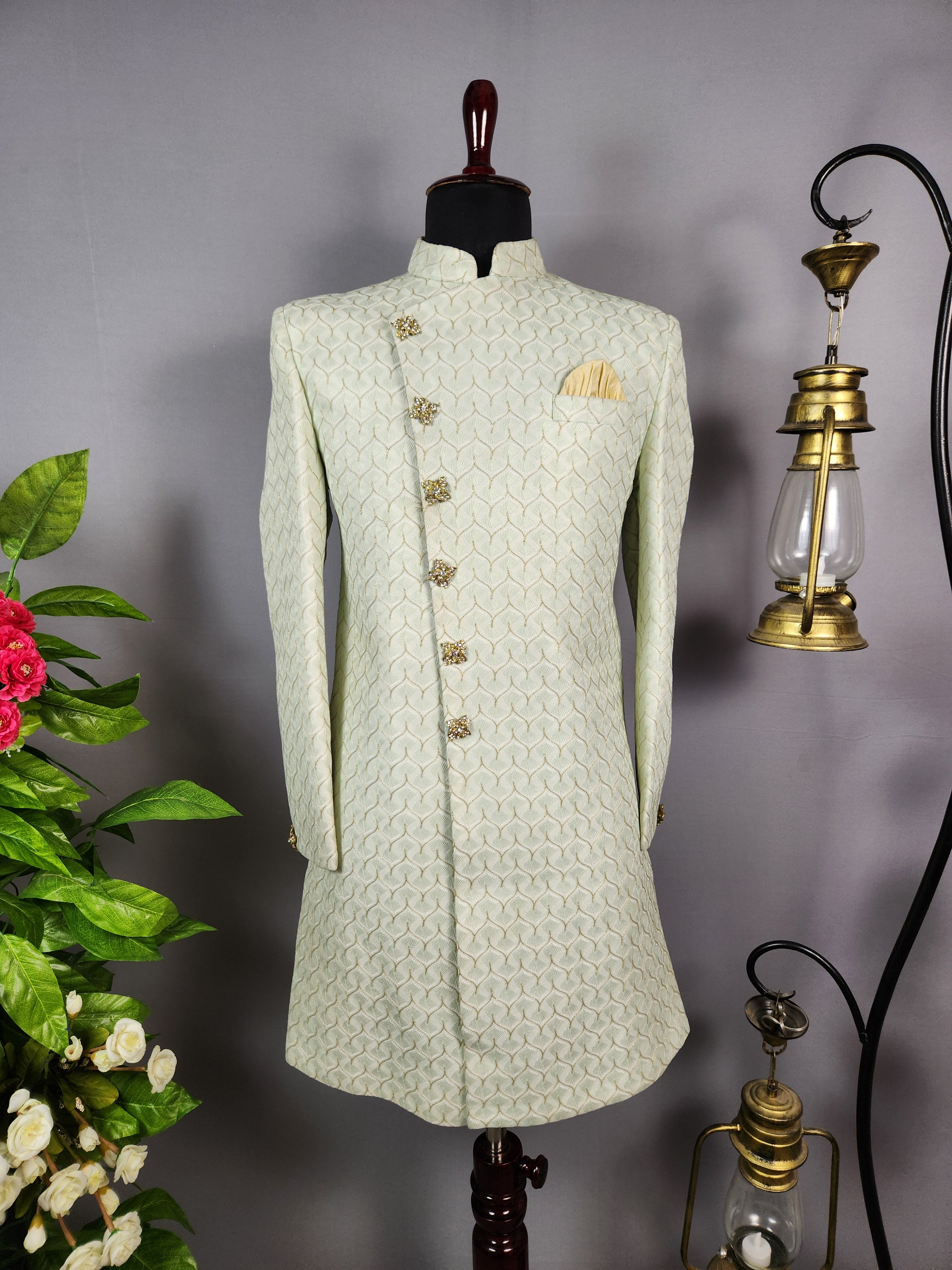 Green Indo-Western Sherwani for Groom  -   Indian Wedding Outfit for Men