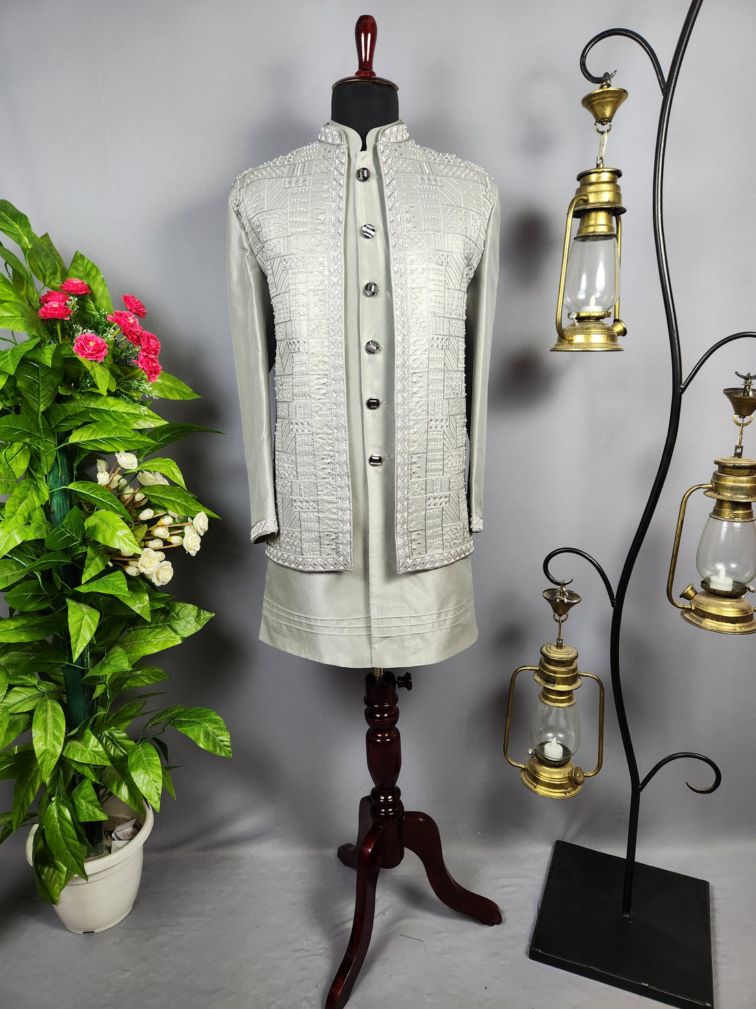 Gray Indo-Western Sherwani for Groom  -   Indian Wedding Outfit for Men