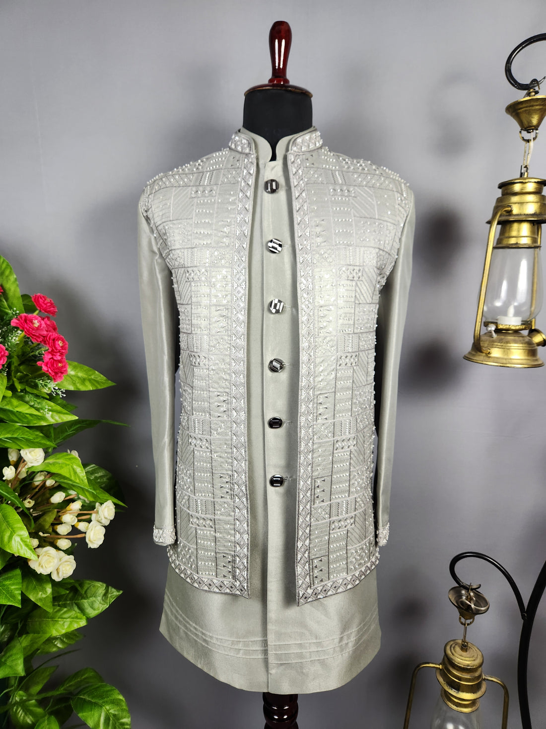 Gray Indo-Western Sherwani for Groom  -   Indian Wedding Outfit for Men
