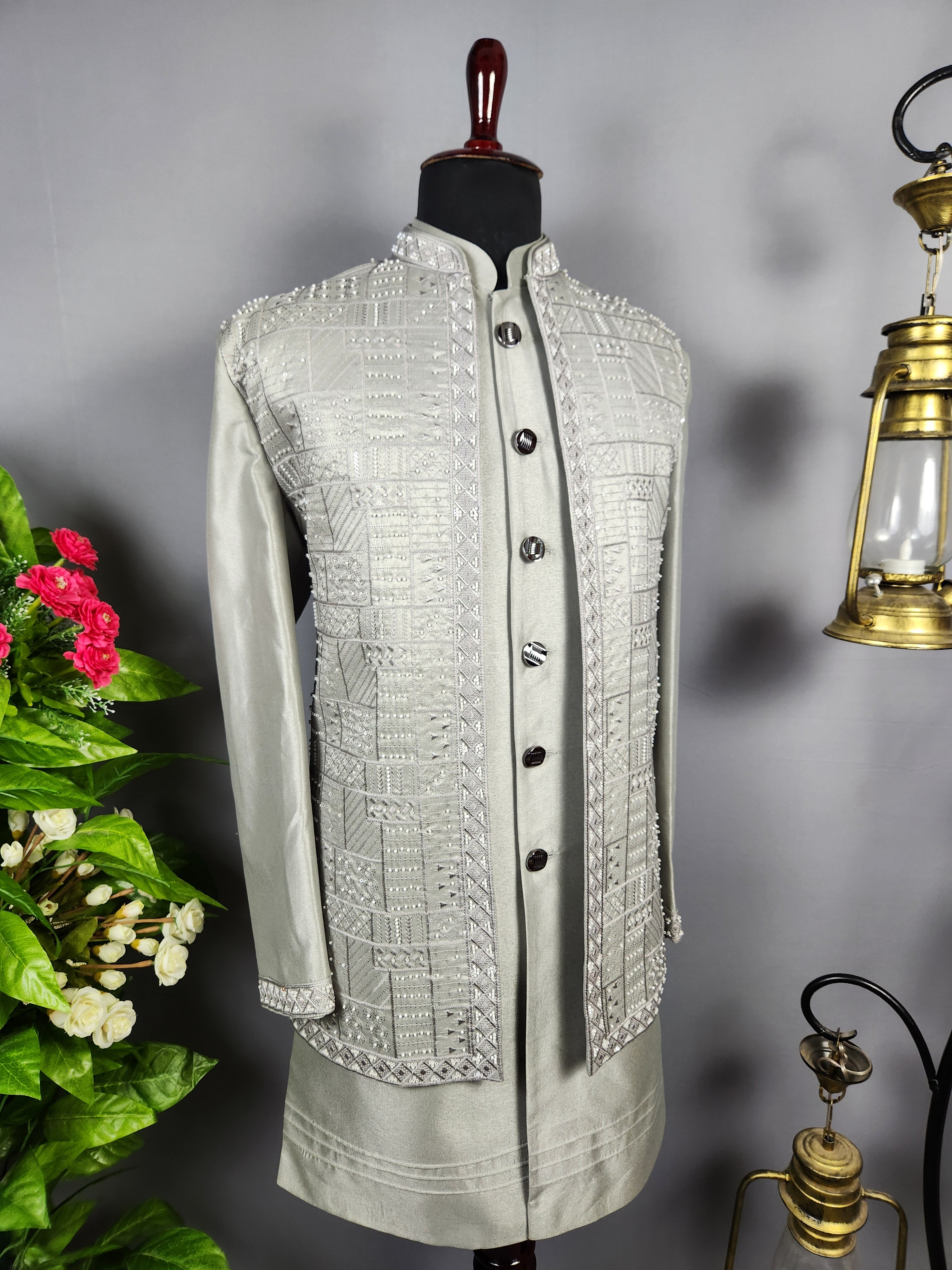 Gray Indo-Western Sherwani for Groom  -   Indian Wedding Outfit for Men