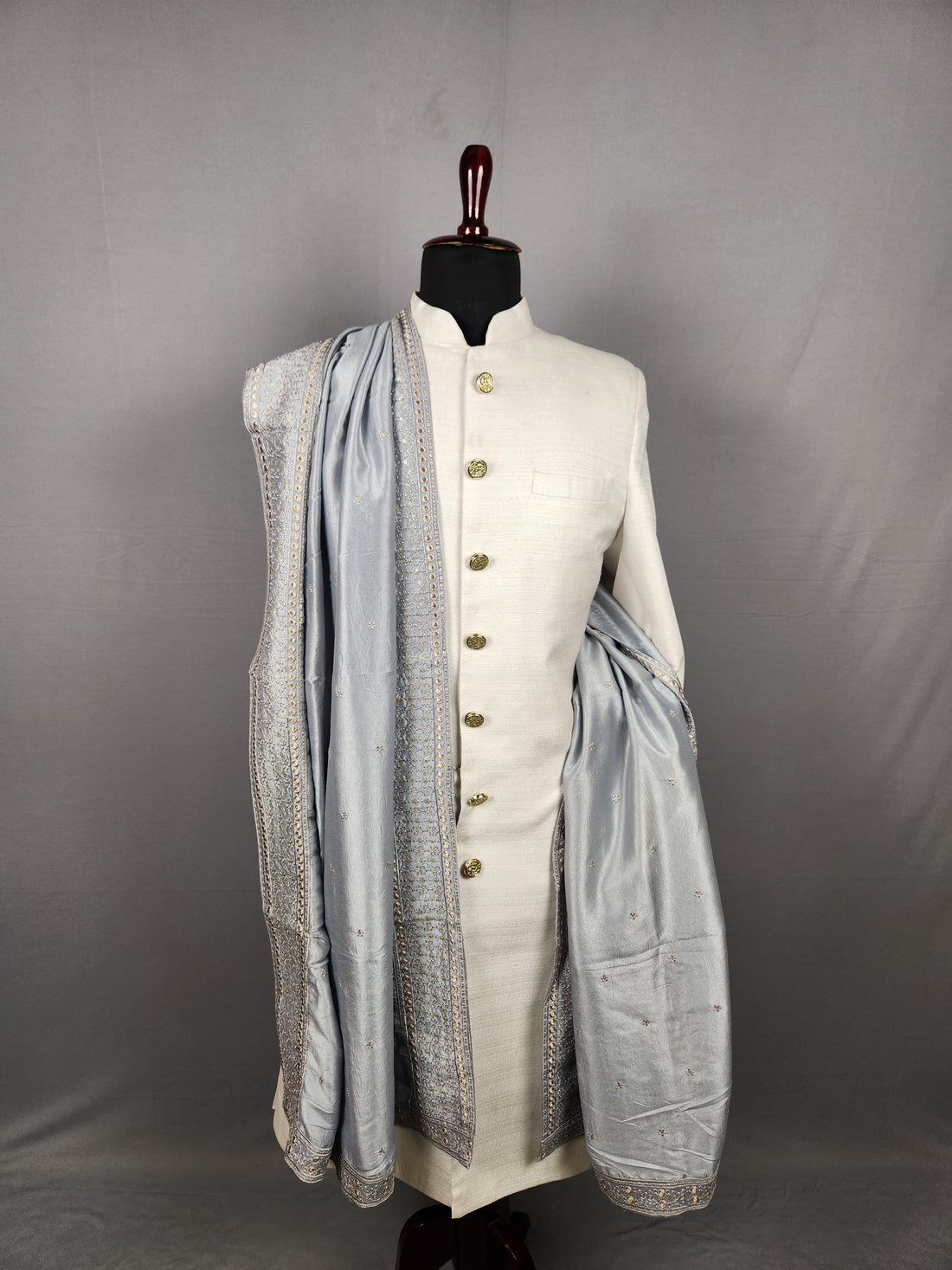 Grey Groom Shawl with Gold Zari Embroidery