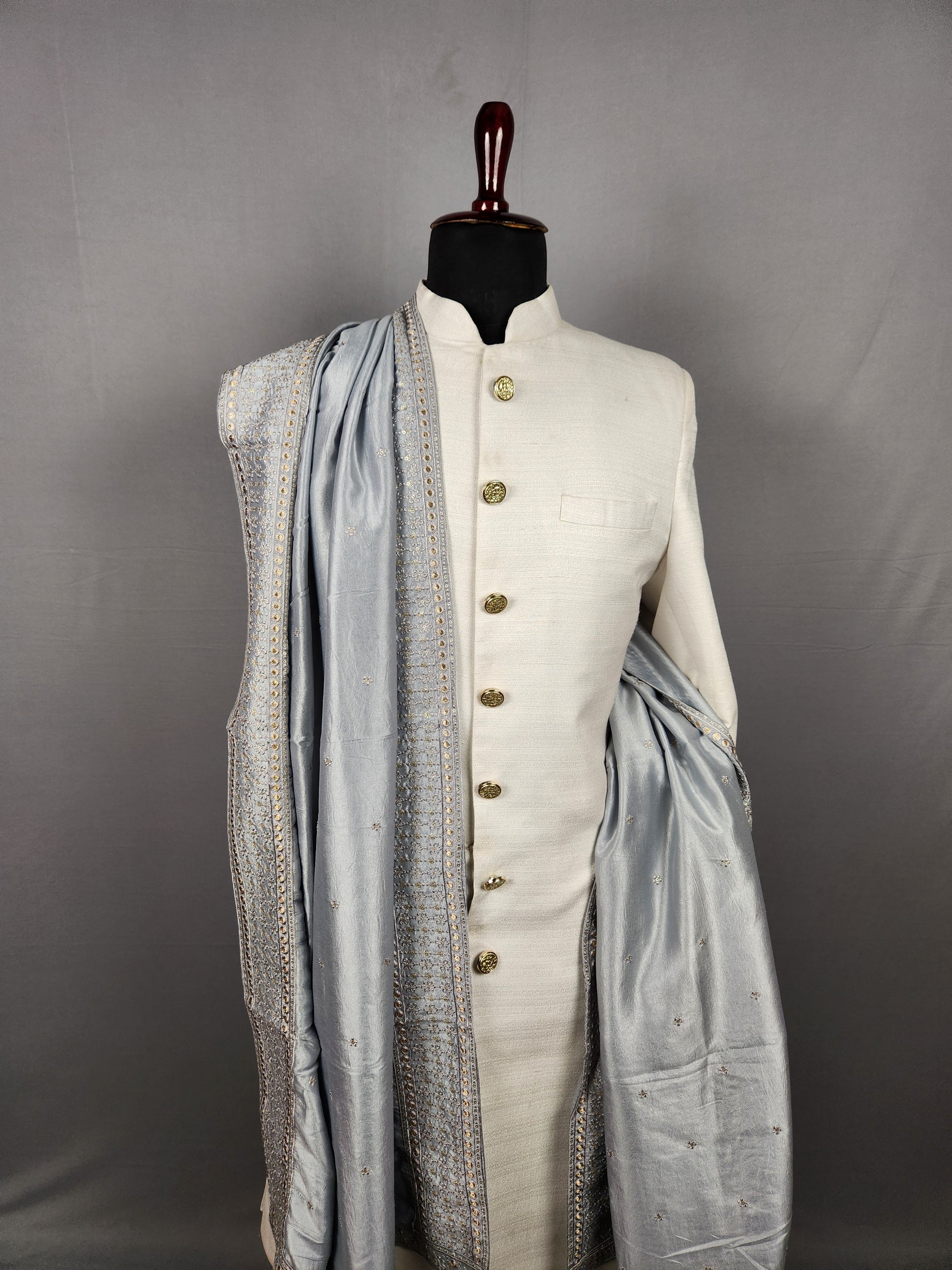 Grey Groom Shawl with Gold Zari Embroidery