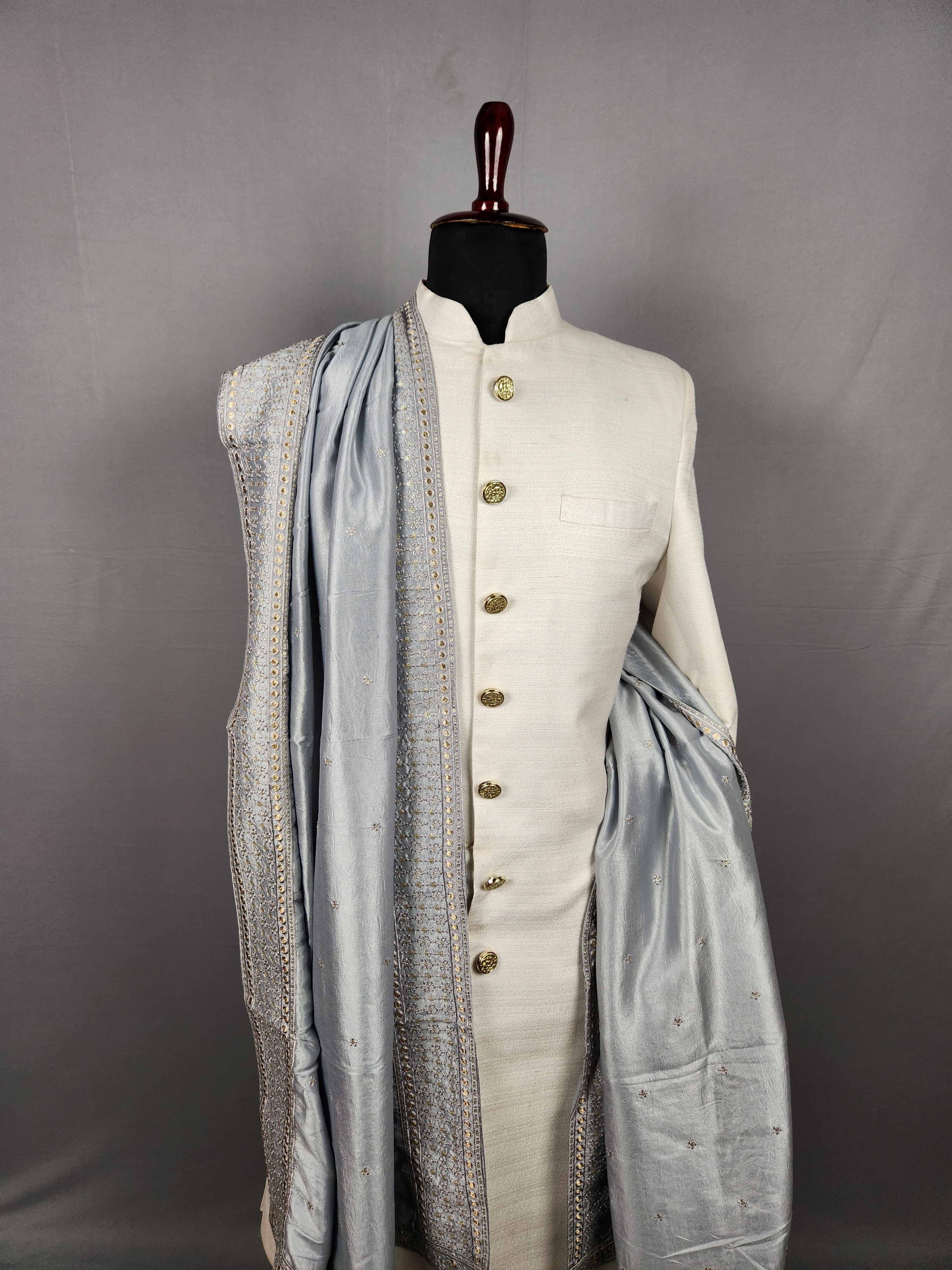 Grey Groom Shawl with Gold Zari Embroidery