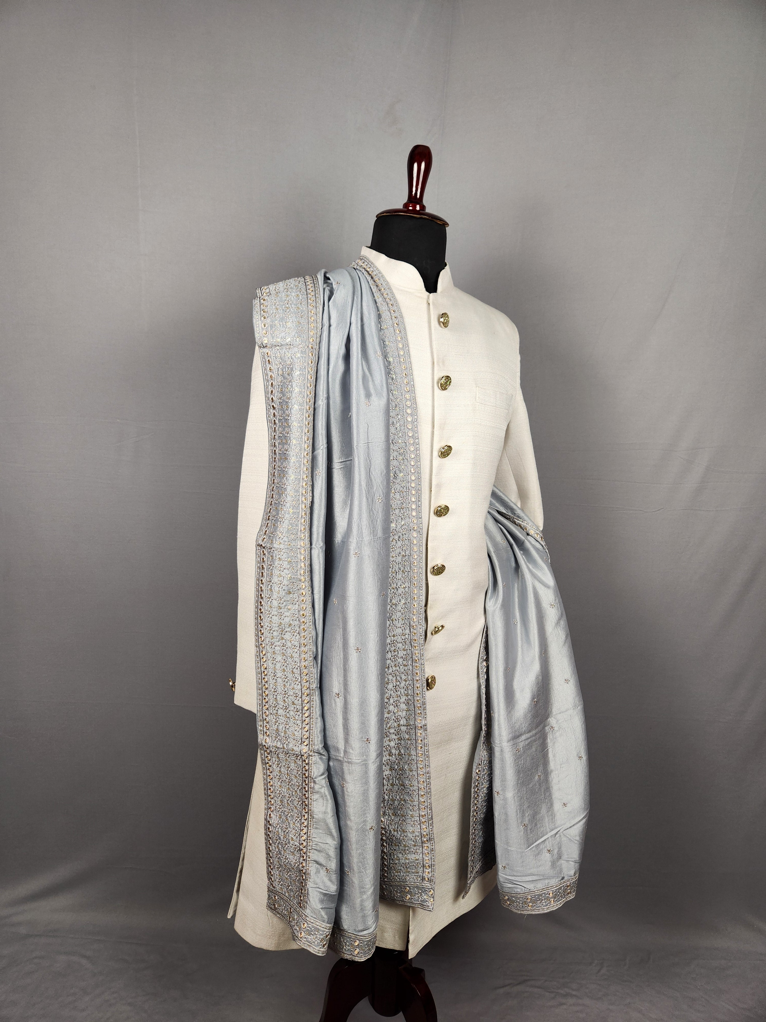 Grey Groom Shawl with Gold Zari Embroidery