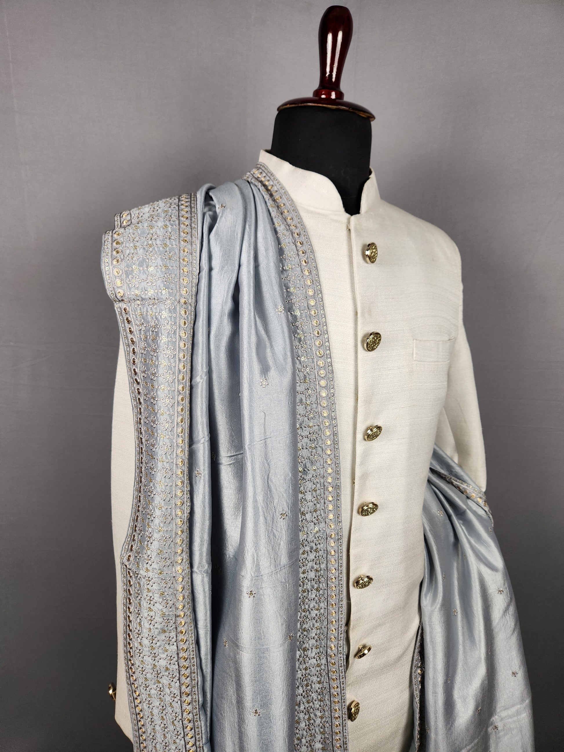 Grey Groom Shawl with Gold Zari Embroidery