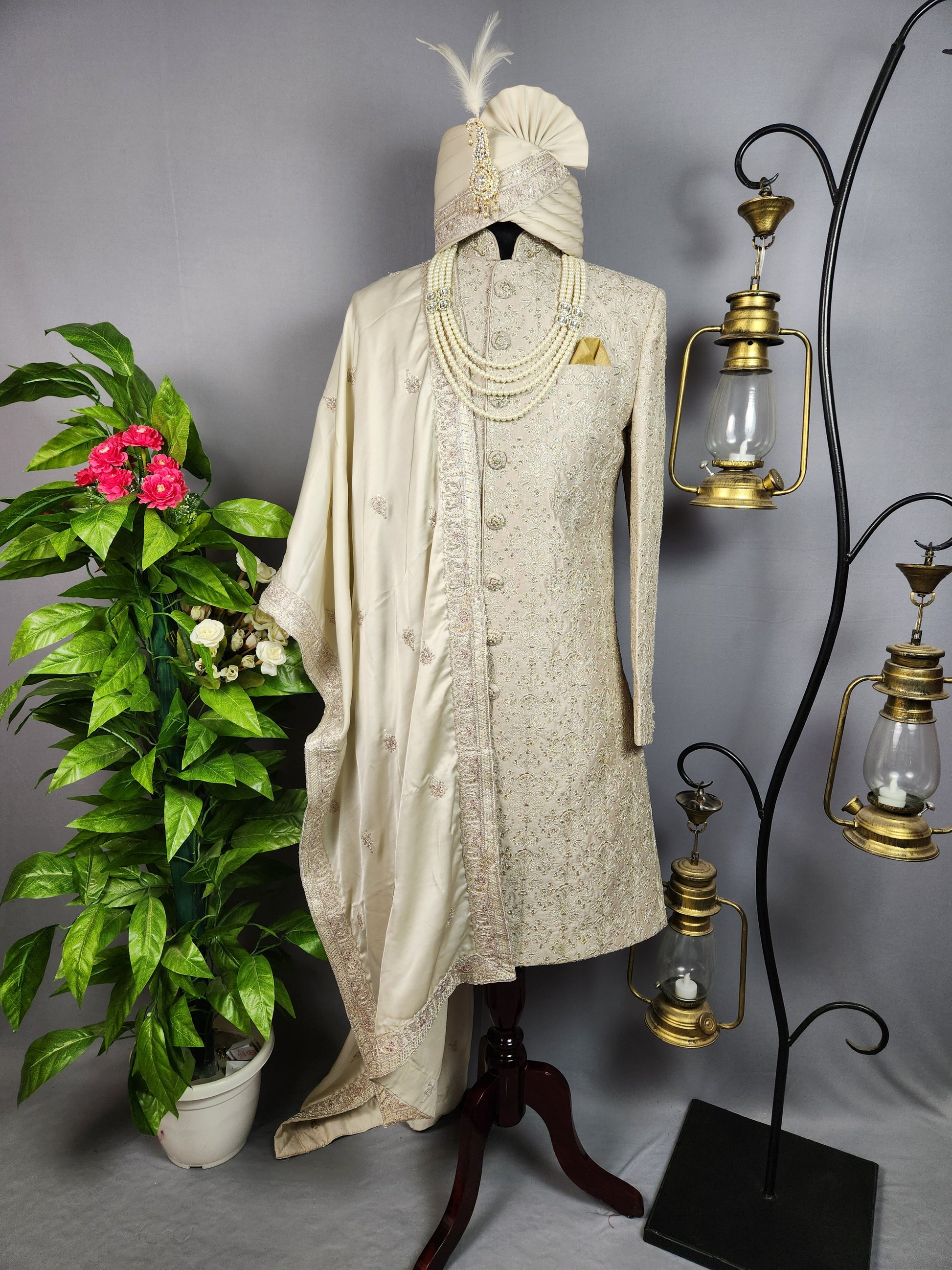 Light Golden Sherwani for Groom  -   Indian Wedding Outfit for Men