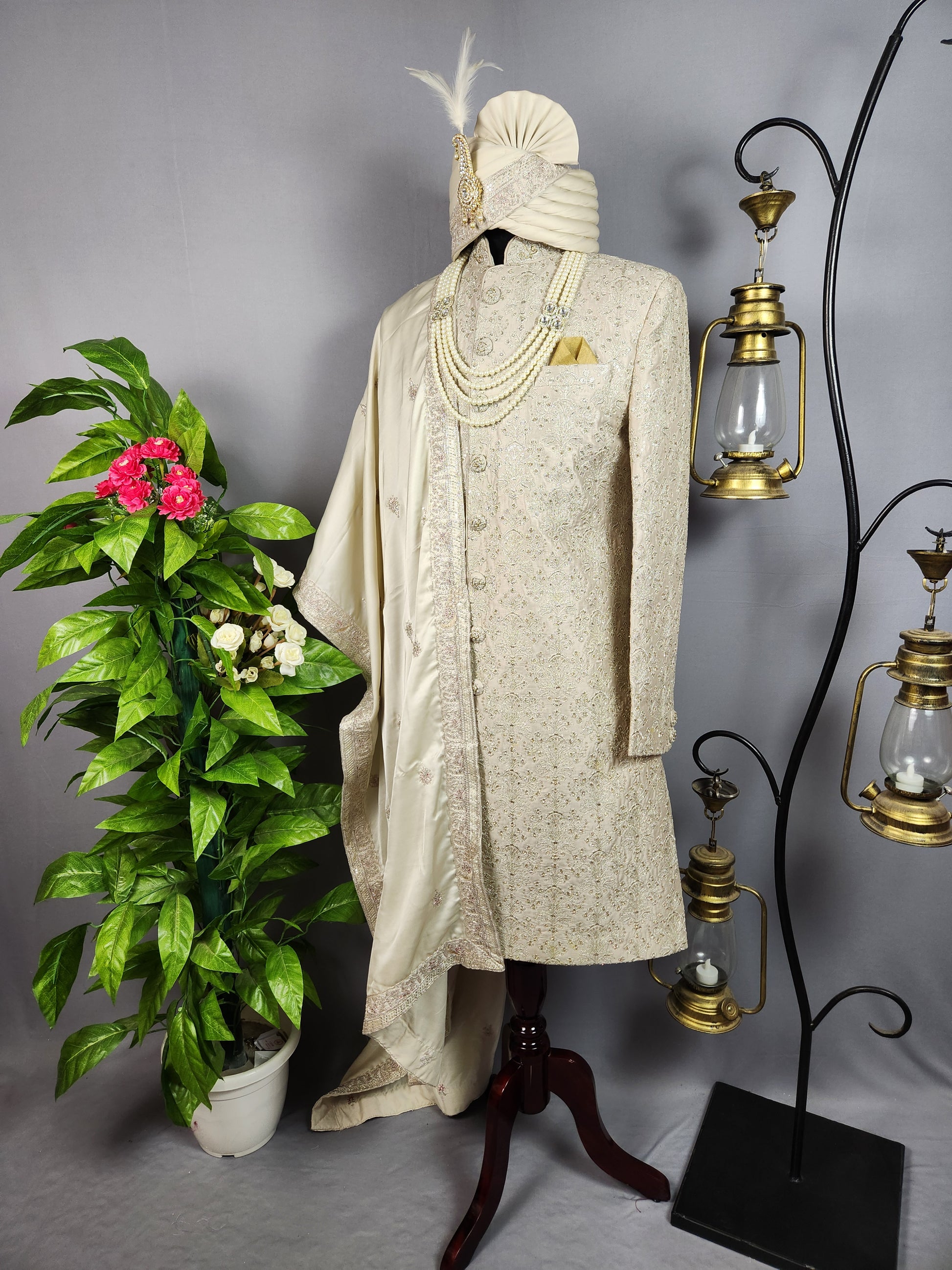 Light Golden Sherwani for Groom  -   Indian Wedding Outfit for Men