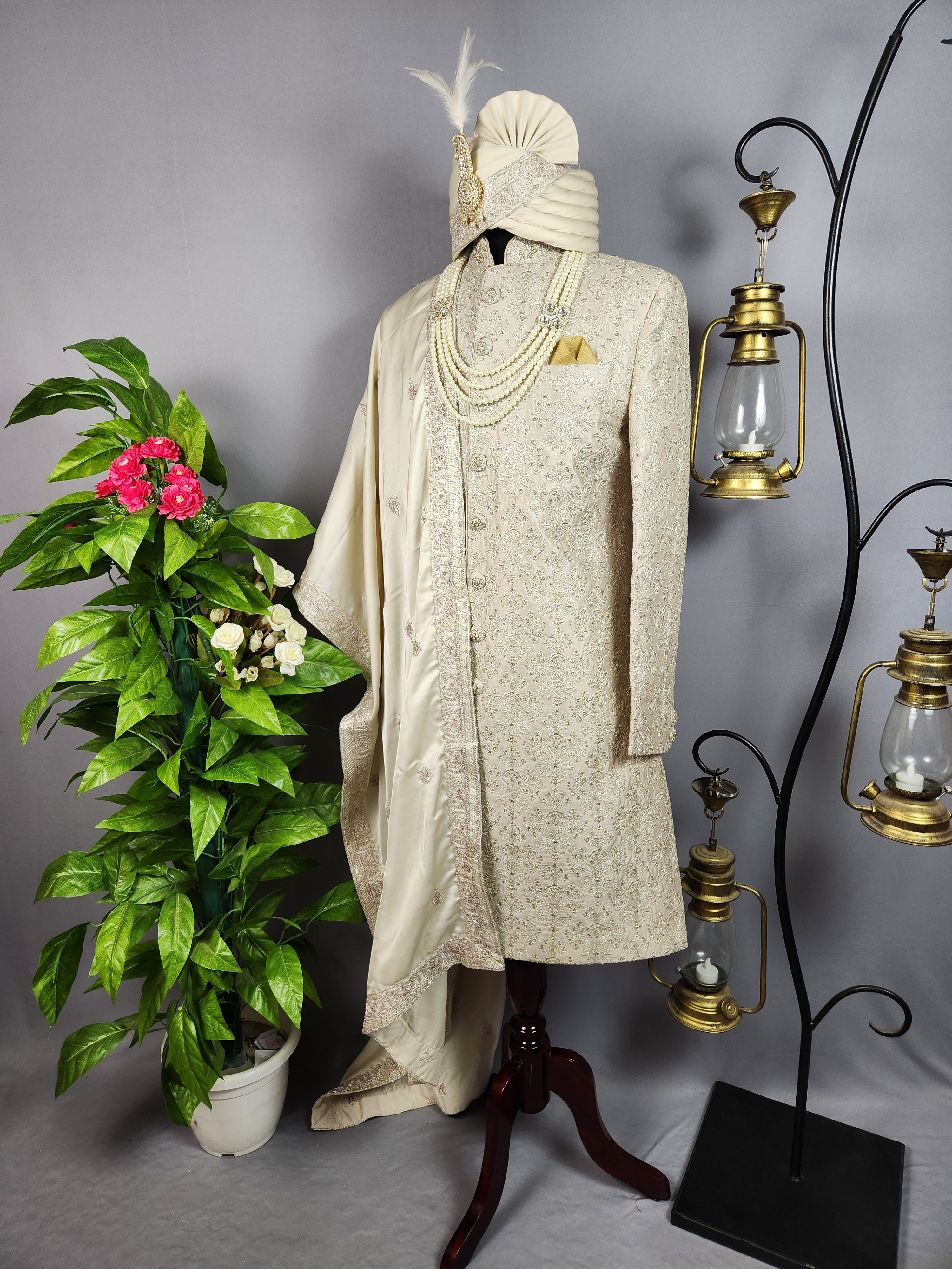 Light Golden Sherwani for Groom  -   Indian Wedding Outfit for Men
