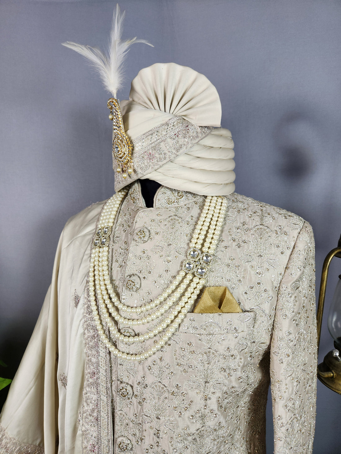 Light Golden Sherwani for Groom  -   Indian Wedding Outfit for Men