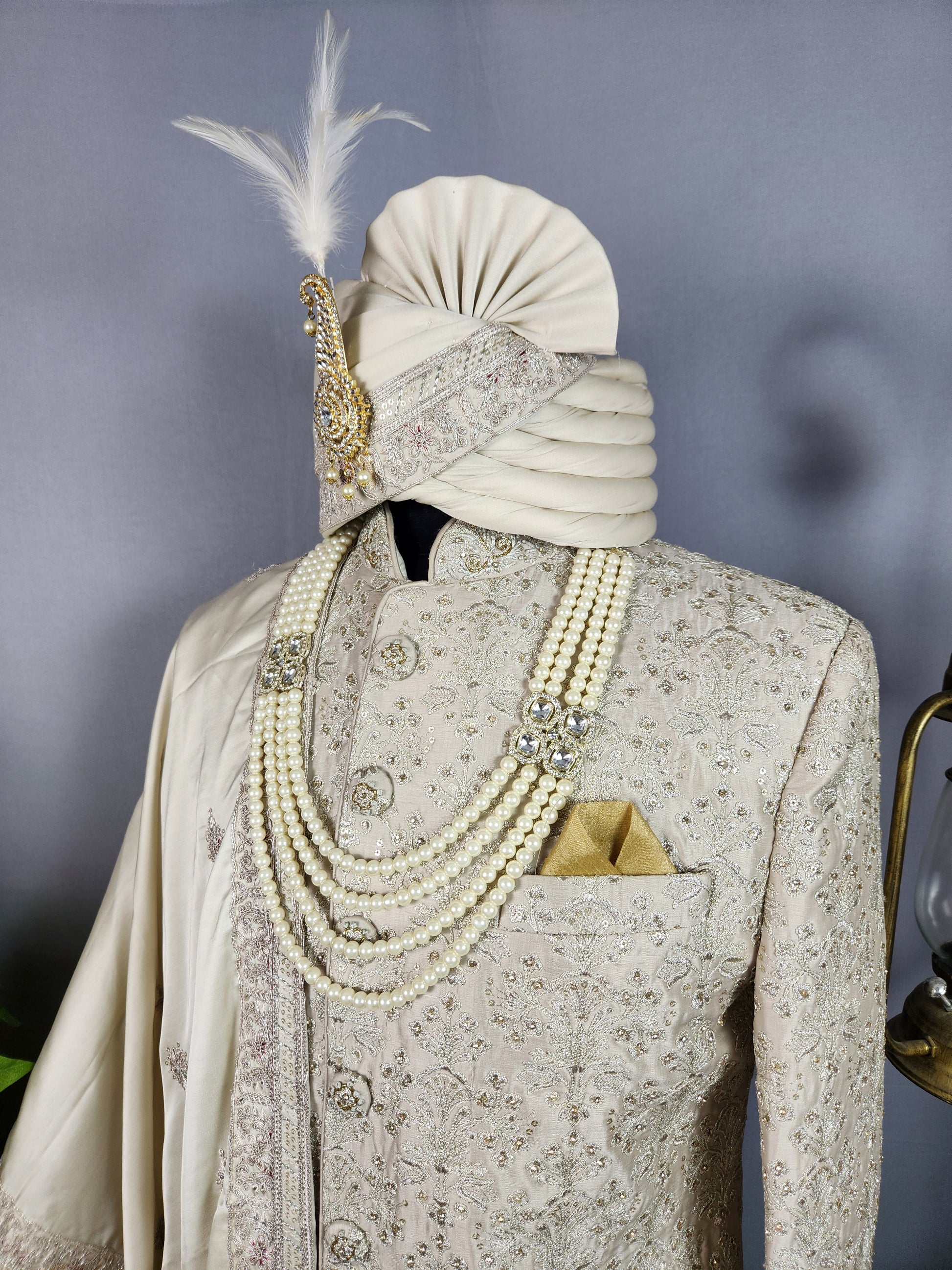 Light Golden Sherwani for Groom  -   Indian Wedding Outfit for Men