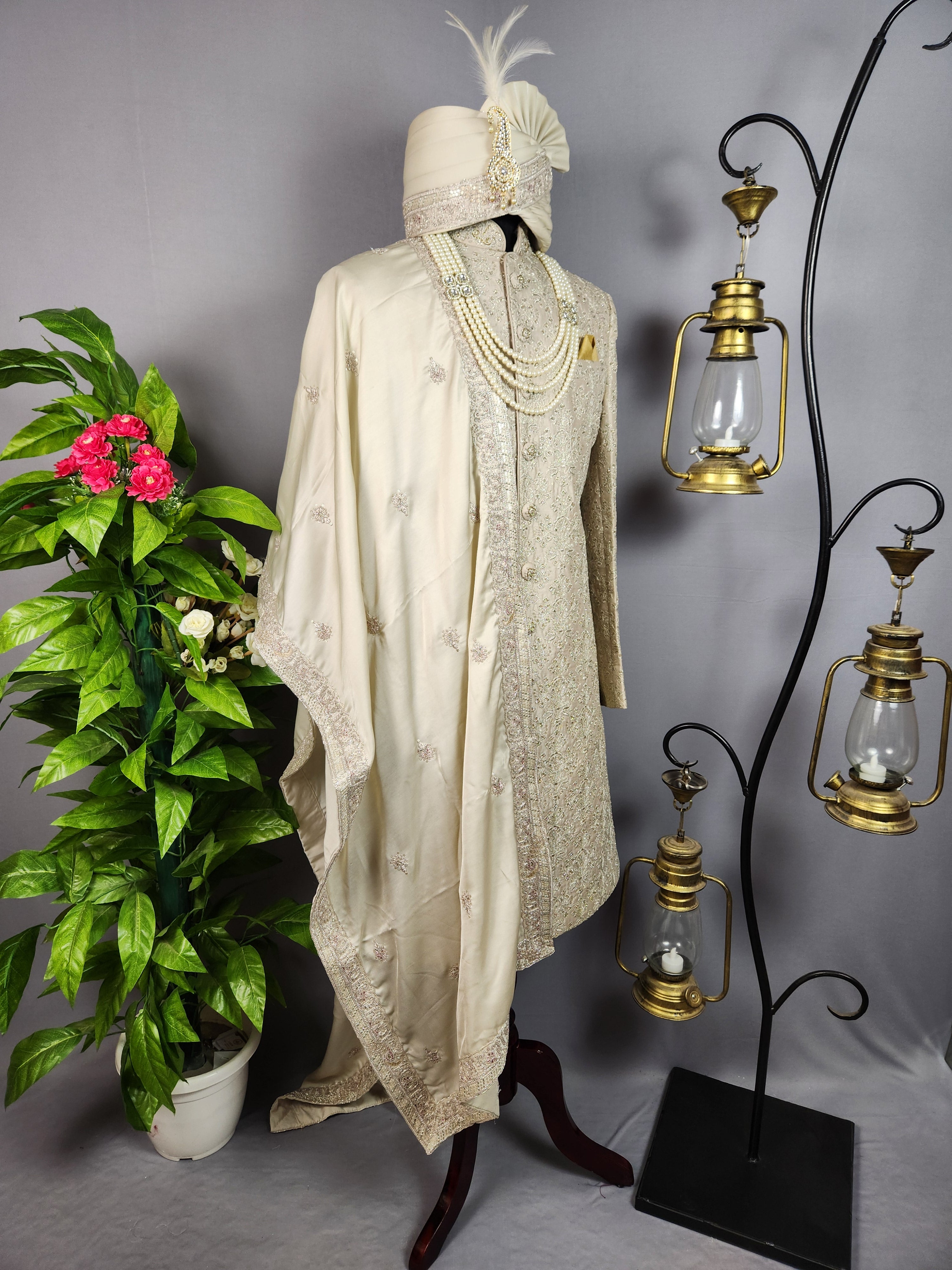 Light Golden Sherwani for Groom  -   Indian Wedding Outfit for Men