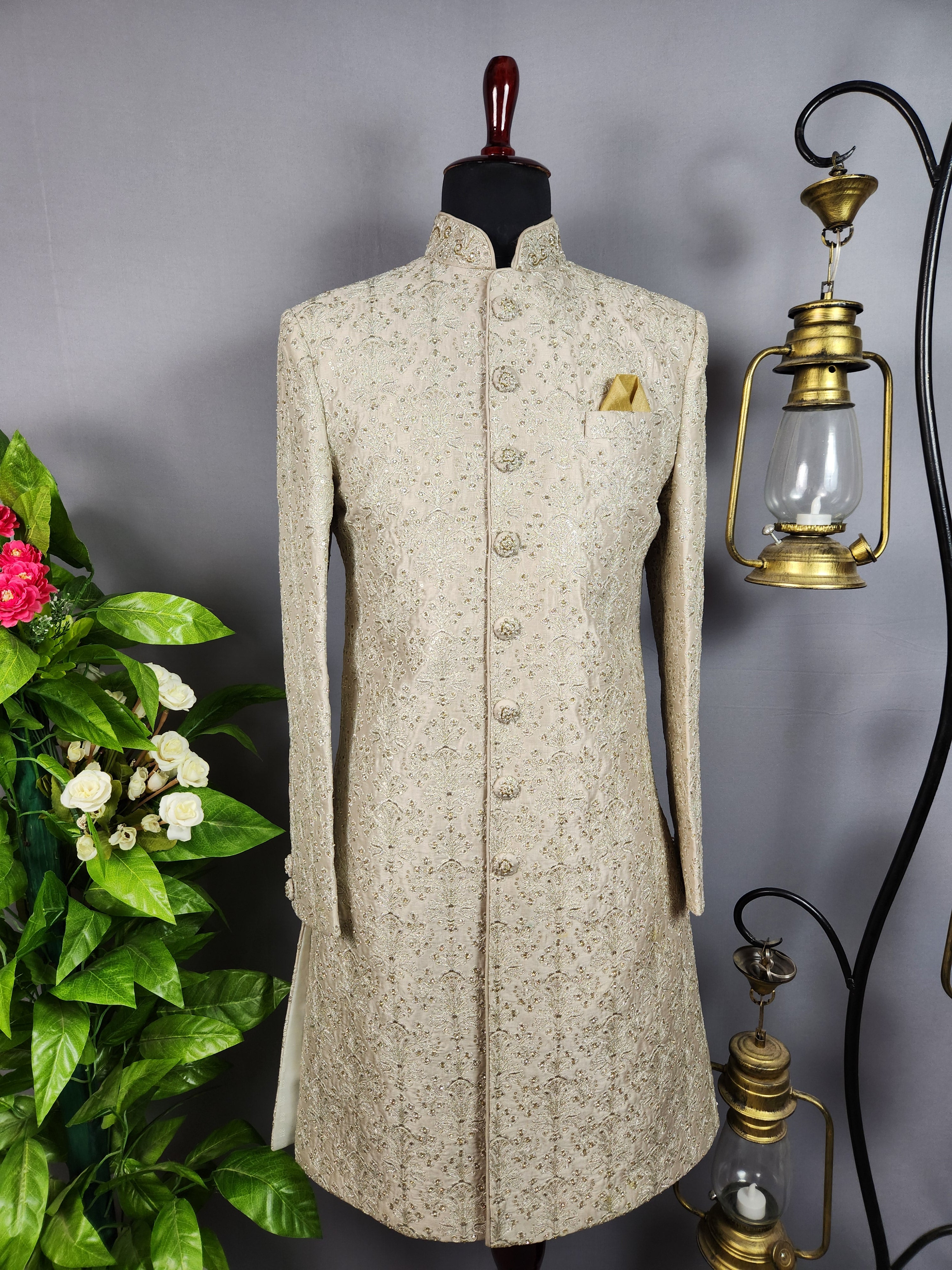 Light Golden Sherwani for Groom  -   Indian Wedding Outfit for Men