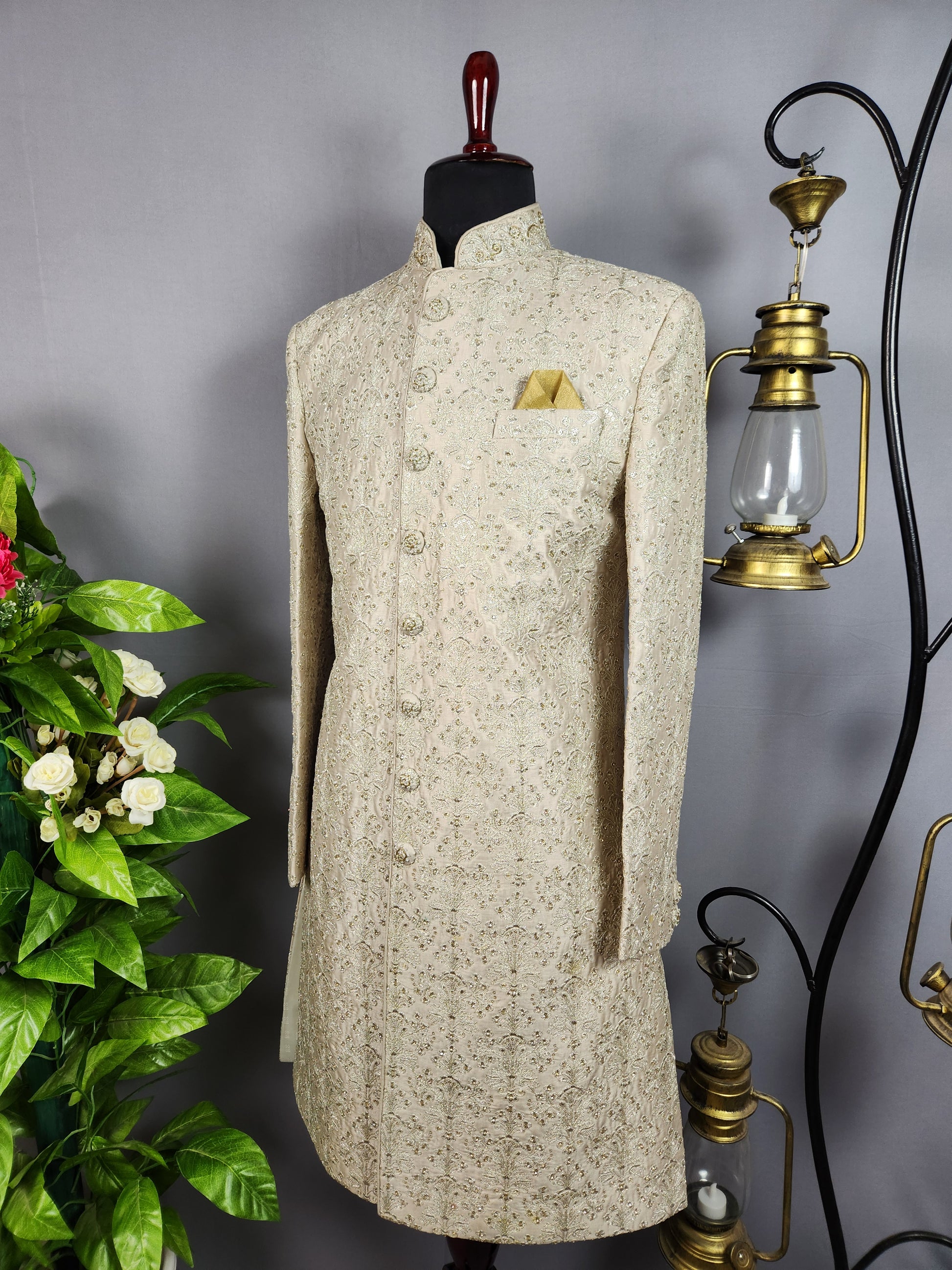 Light Golden Sherwani for Groom  -   Indian Wedding Outfit for Men