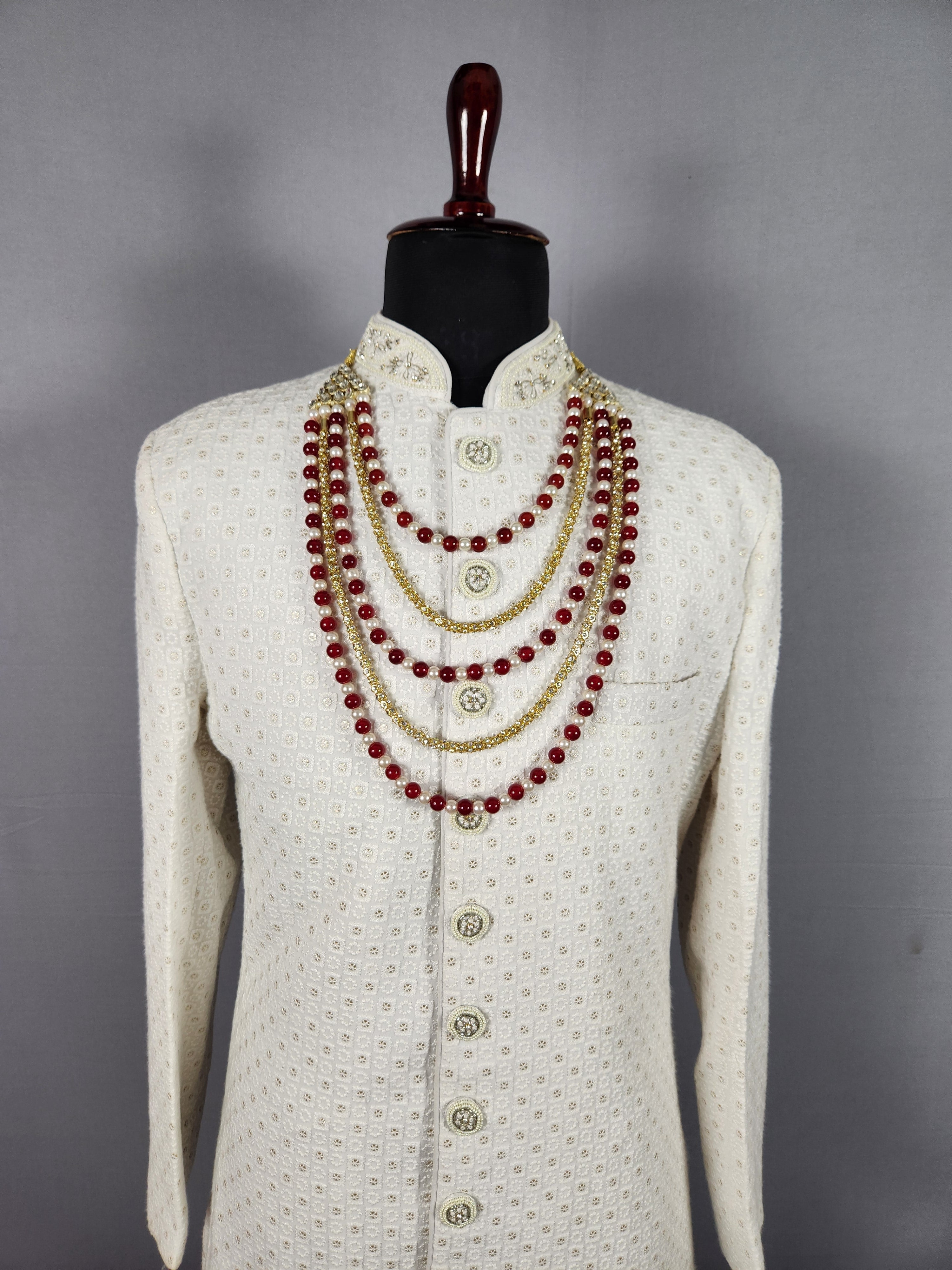 Groom Ruby Red Necklace - Pearls, Glass Ruby | Mala For Groom