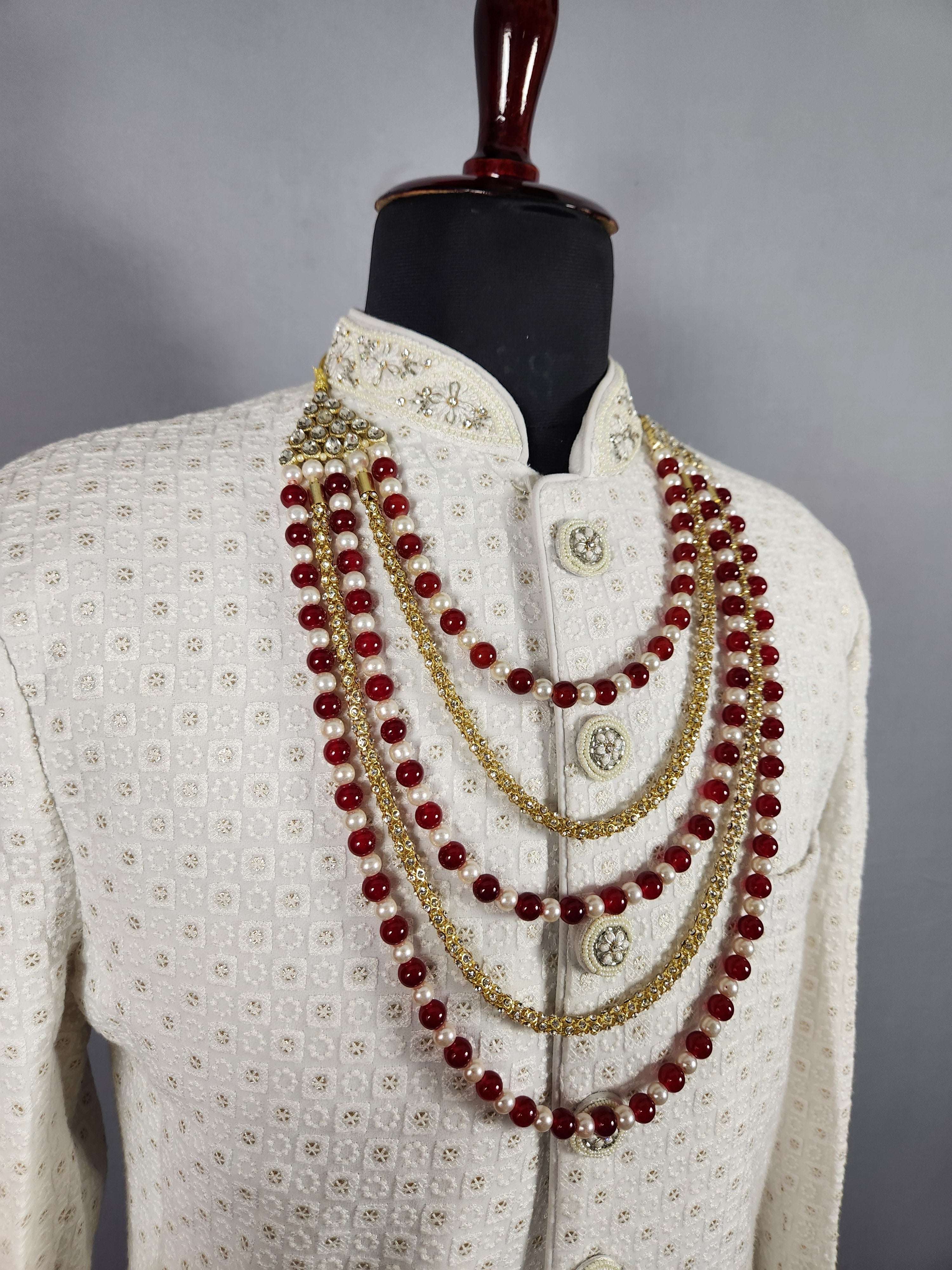 Groom Ruby Red Necklace - Pearls, Glass Ruby | Mala For Groom