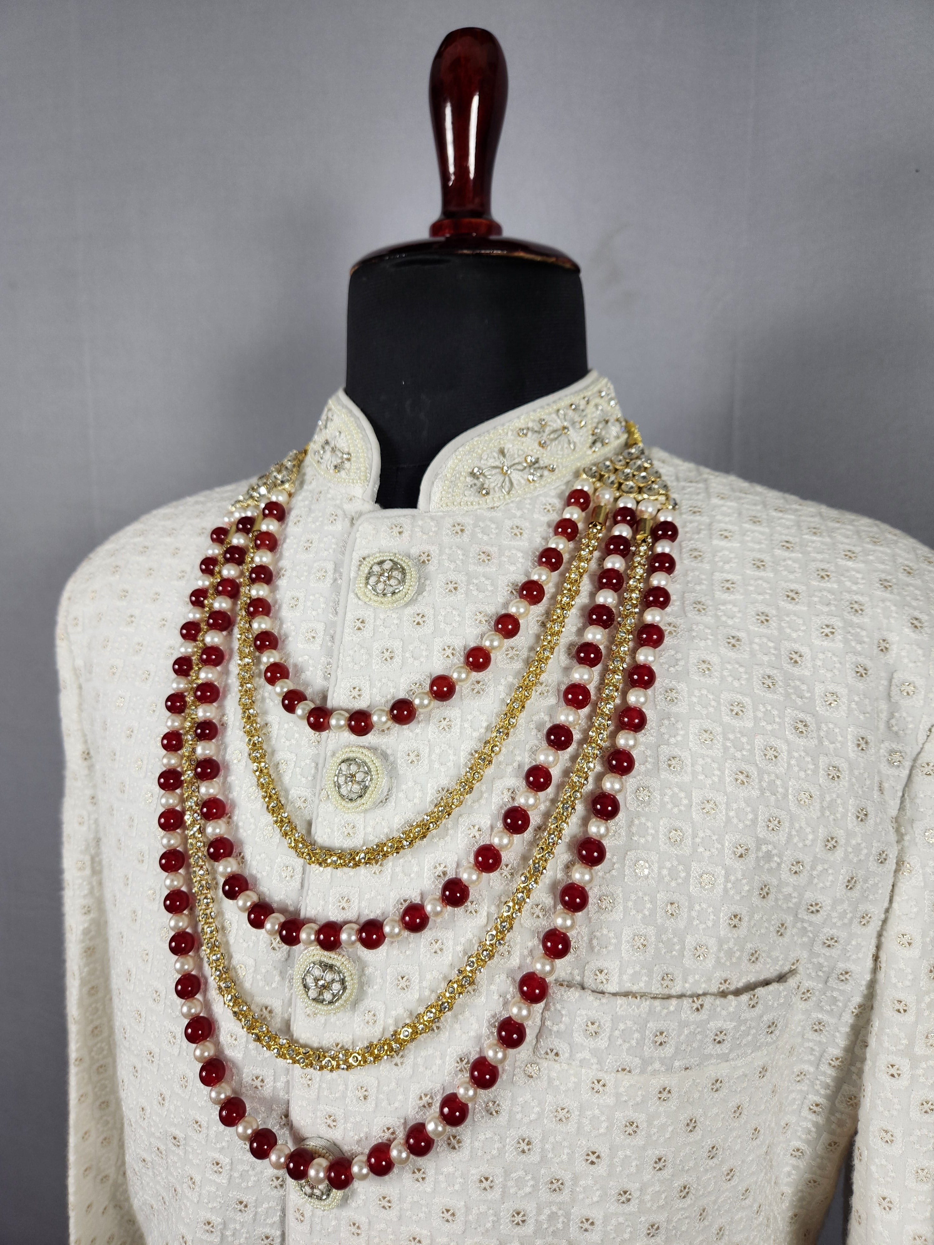 Groom Ruby Red Necklace - Pearls, Glass Ruby | Mala For Groom