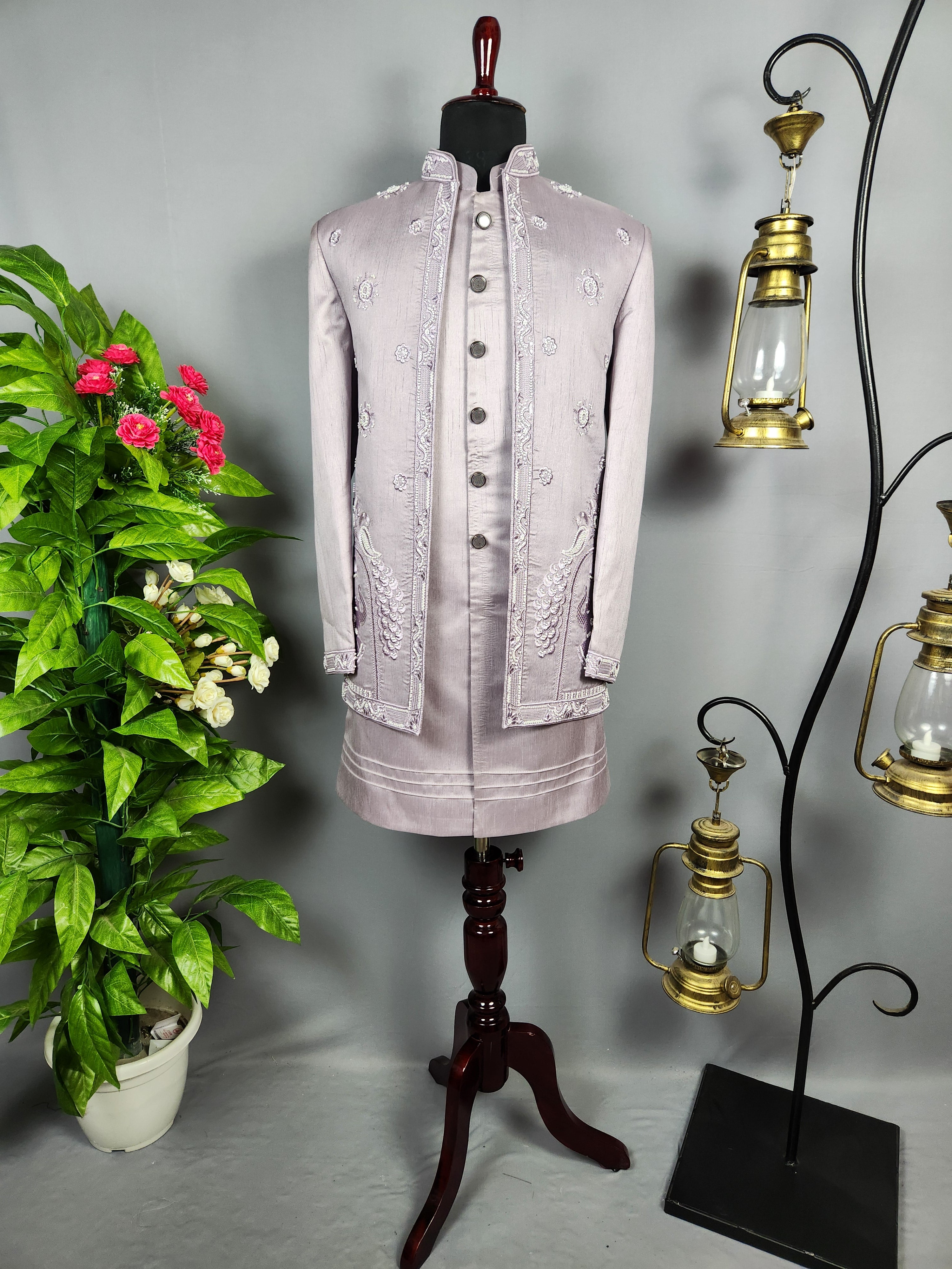 Lavender Indo-Western Sherwani for Groom  -   Indian Wedding Outfit for Men