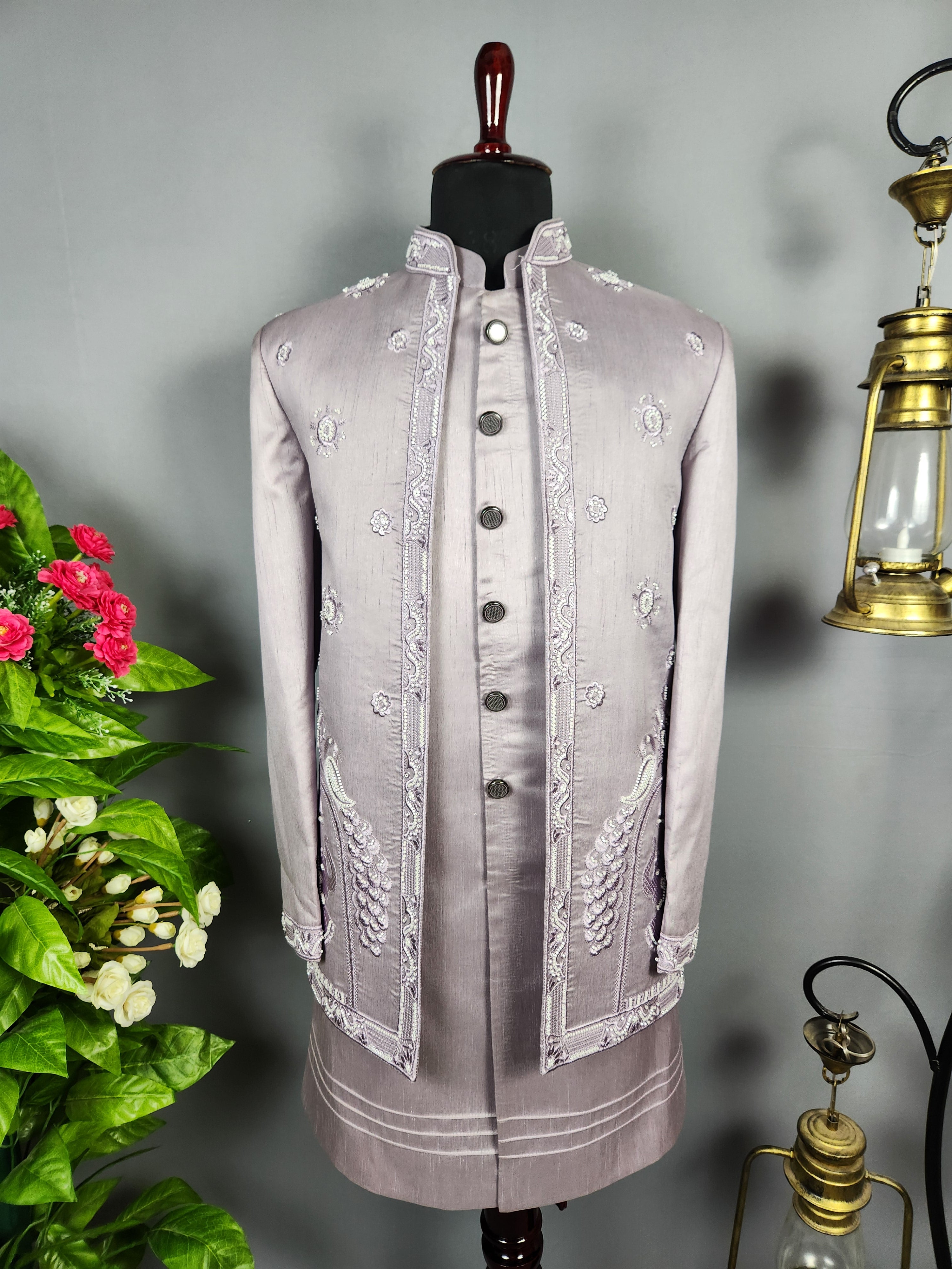 Lavender Indo-Western Sherwani for Groom  -   Indian Wedding Outfit for Men
