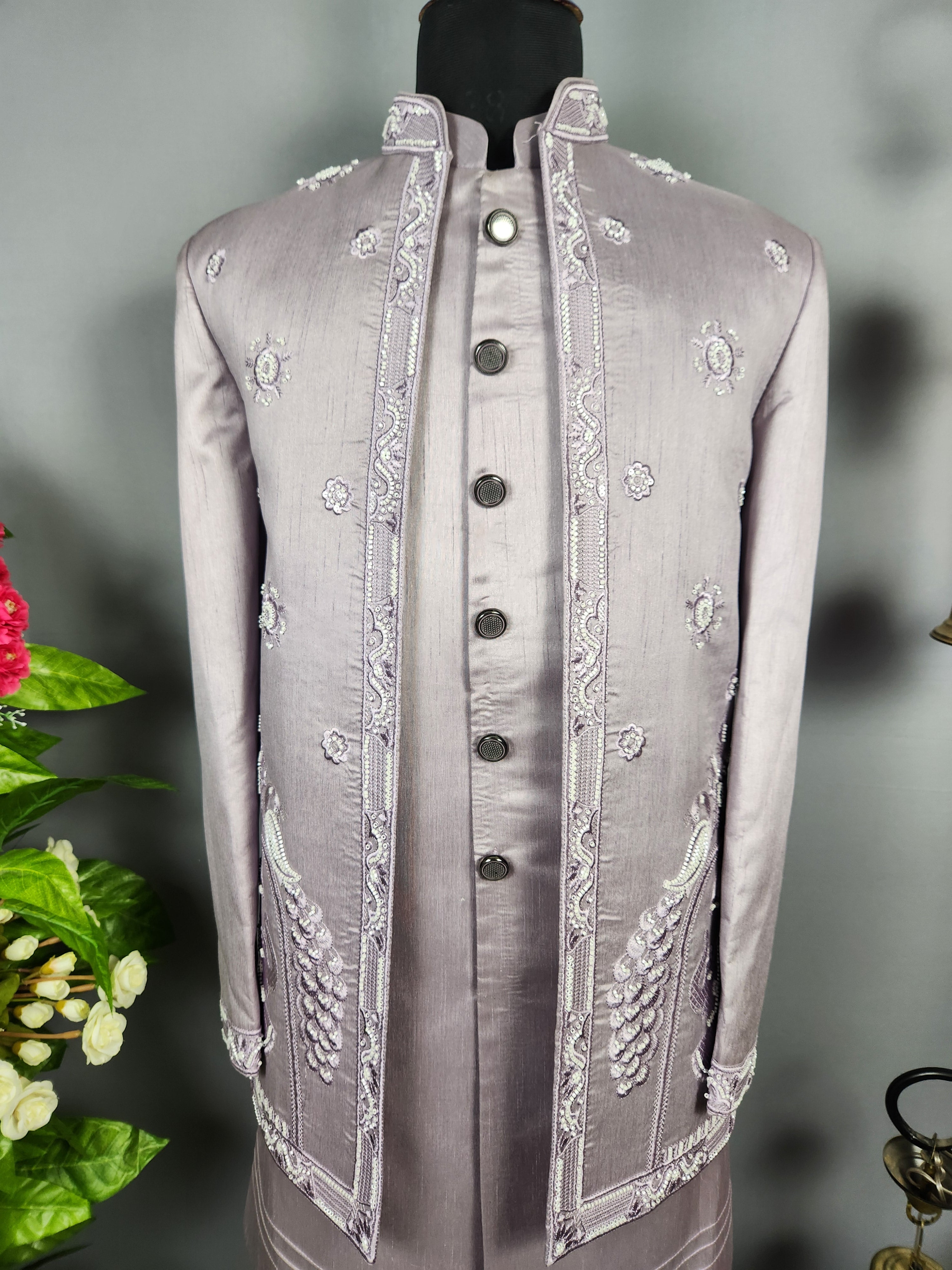 Lavender Indo-Western Sherwani for Groom  -   Indian Wedding Outfit for Men