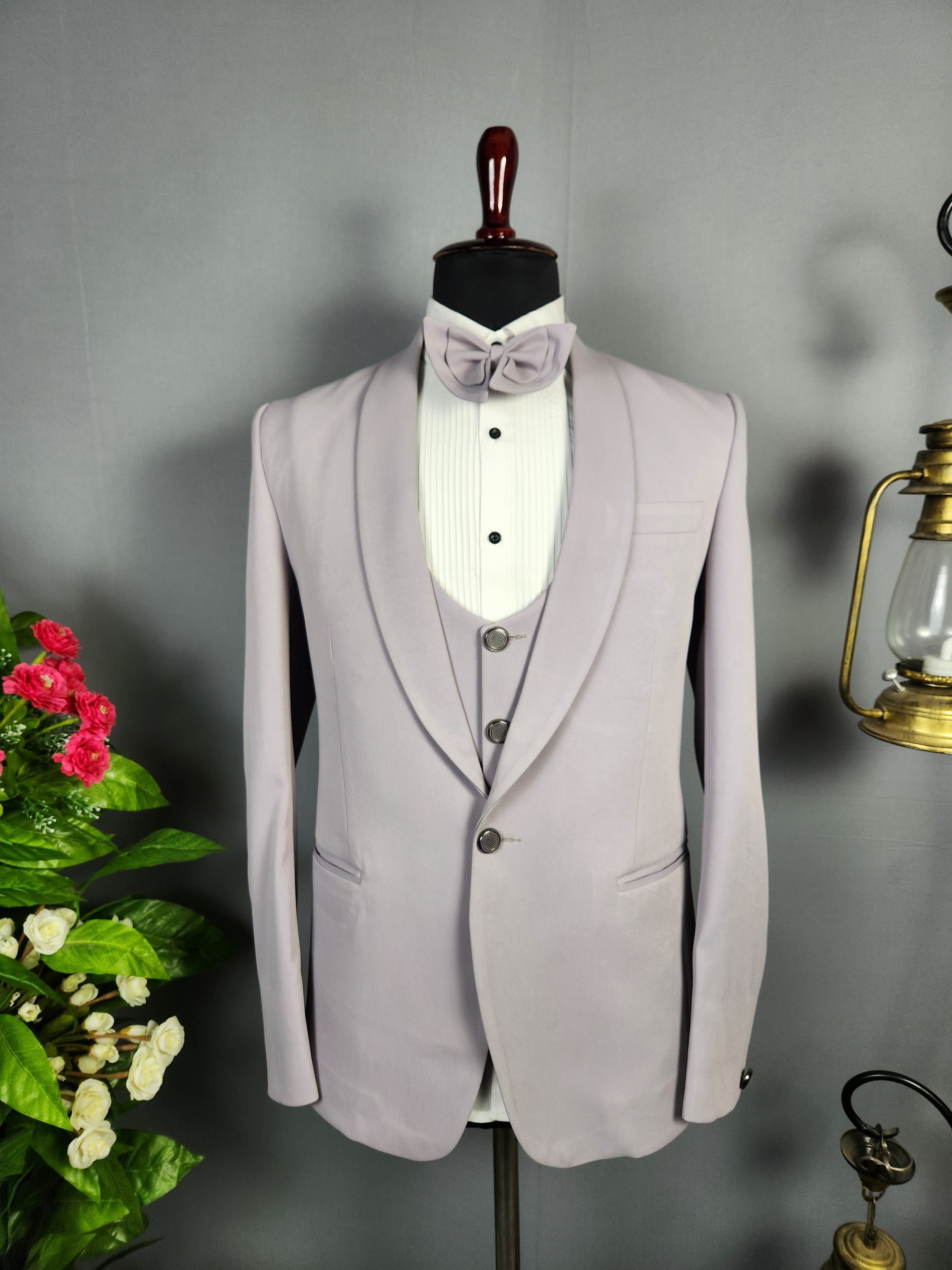 Men's pastel lavender tuxedo suit for Indian groom, perfect for wedding and reception wear