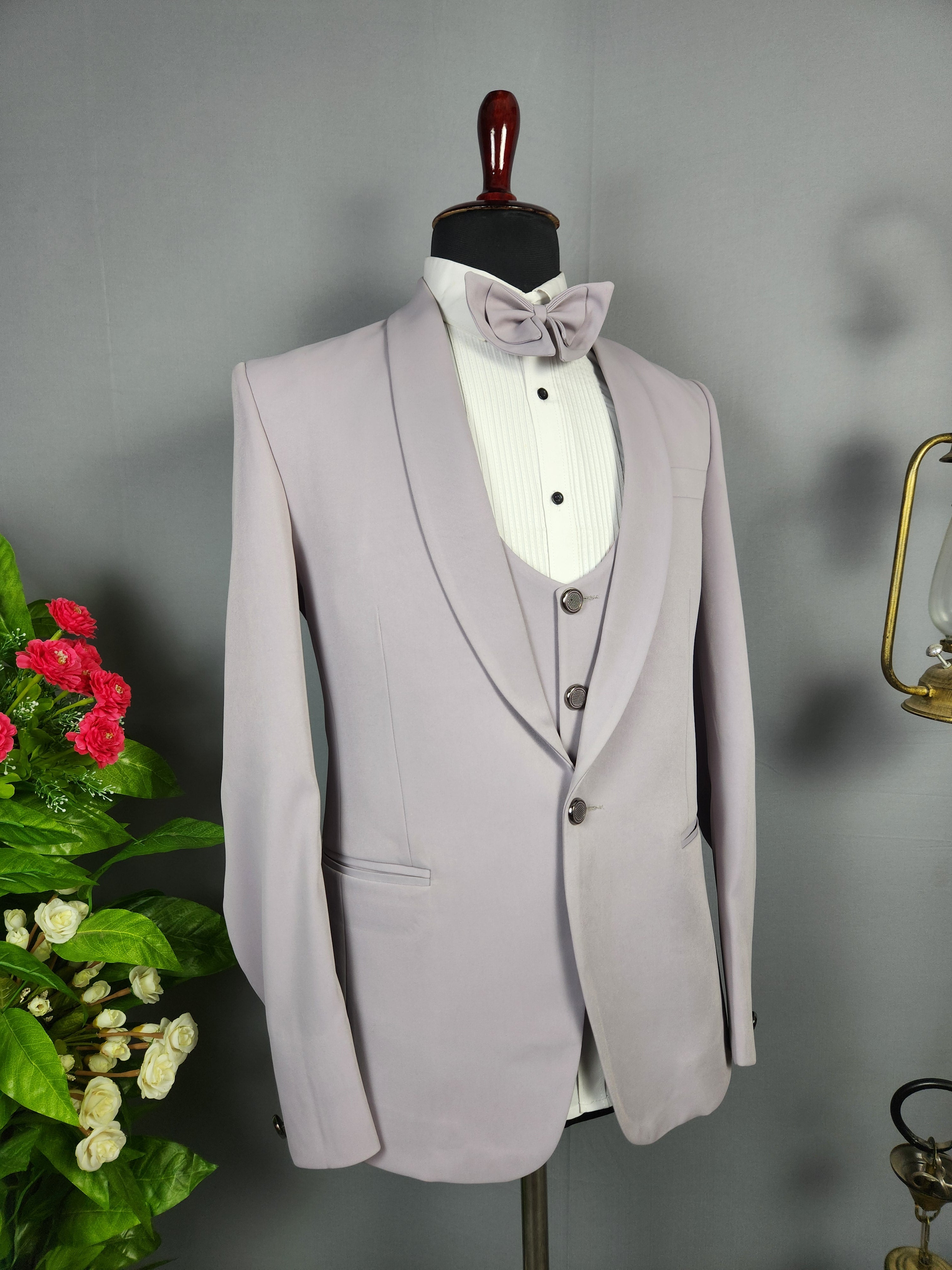 Men's pastel lavender tuxedo suit for Indian groom, perfect for wedding and reception wear